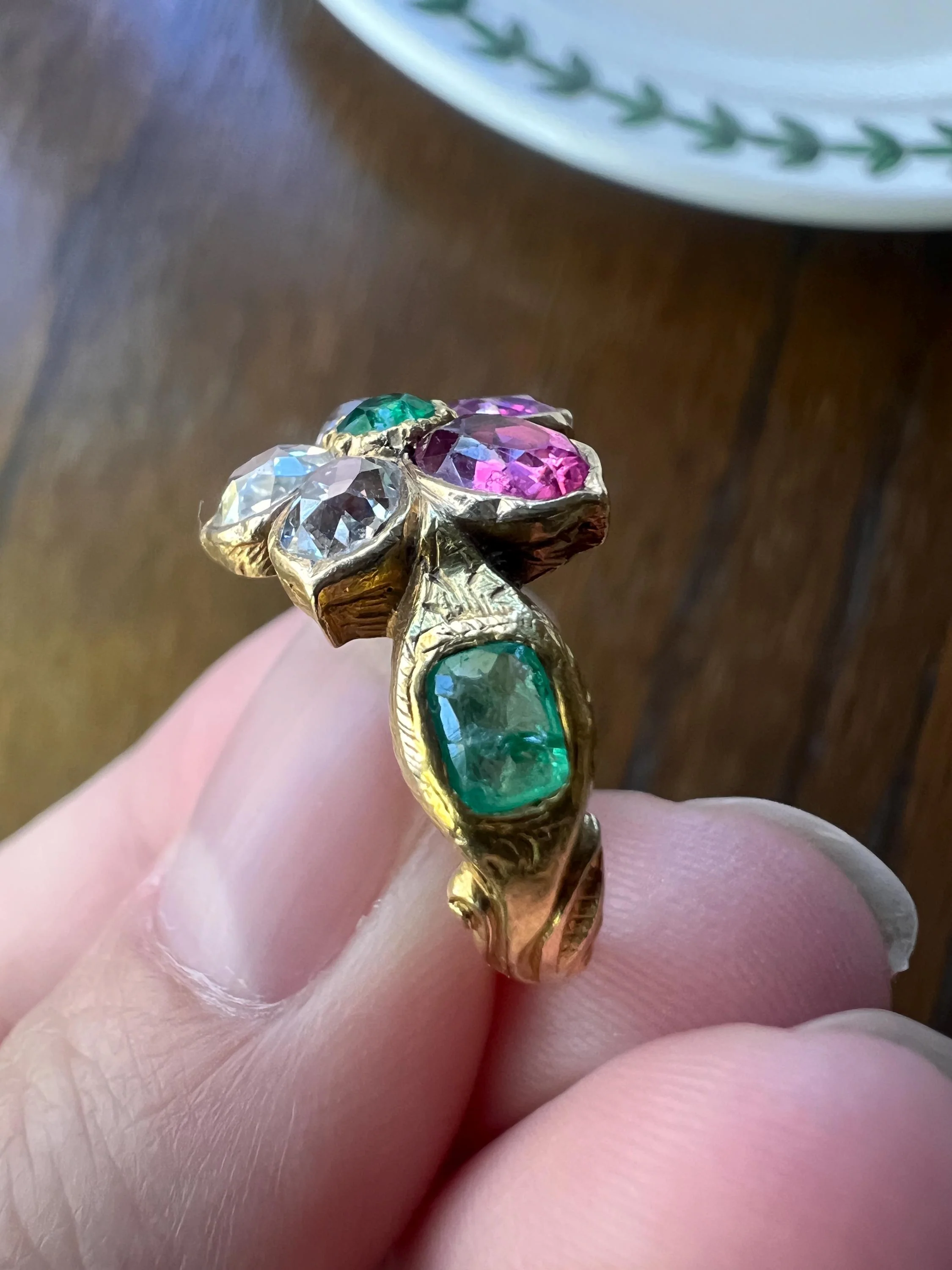 PANSY .85 Carat Eye Clean Oval Old Mine Cut DIAMOND Green EMERALD Pink Ruby Victorian Antique Figural Floral Ring 18k Gold - Image 8