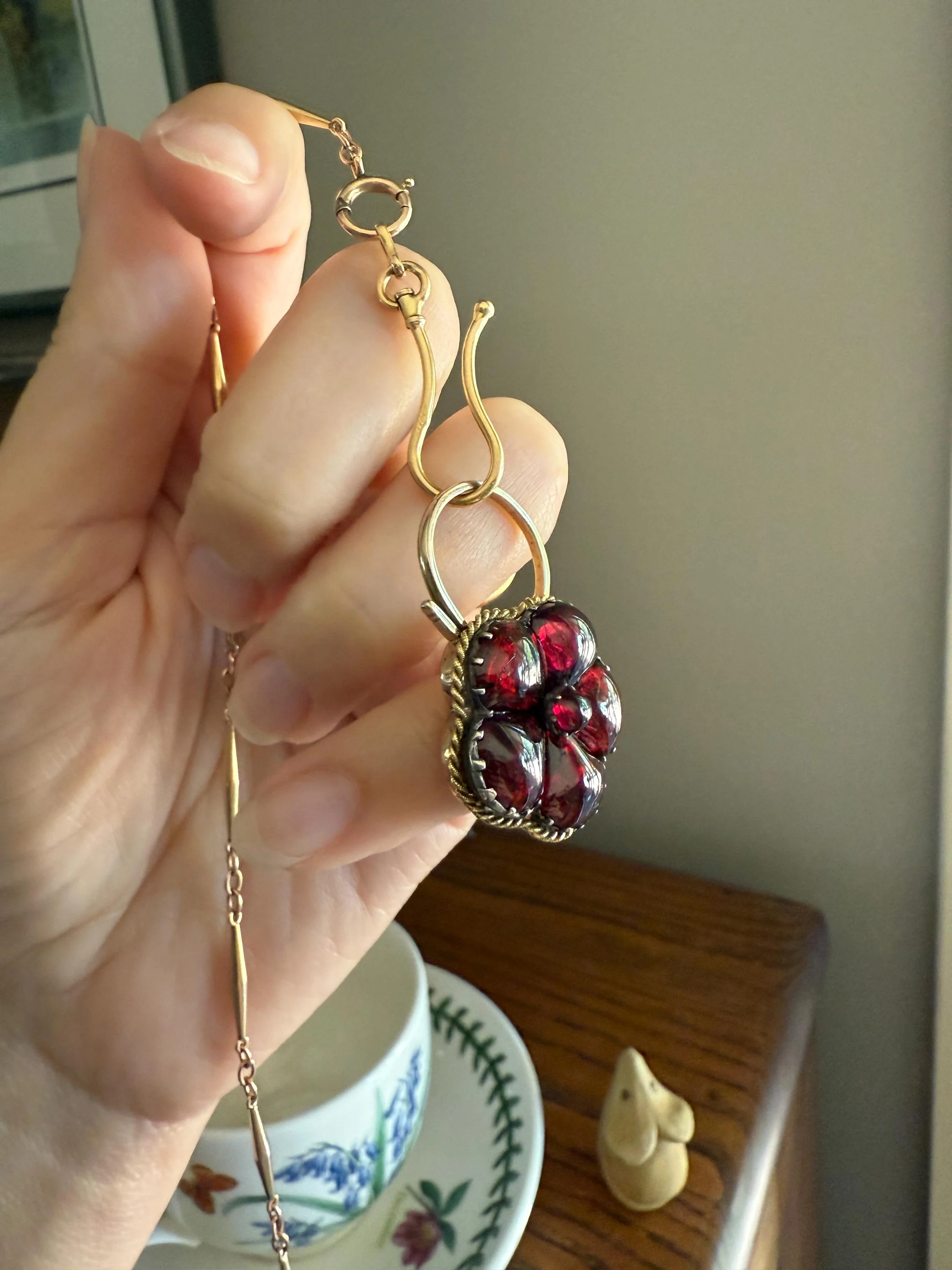 PANSY Floral PADLOCK Victorian Antique Juicy GARNET 14k Gold Solid Pendant Figural Romantic Gift Love Reversible Bracelet Necklace Clasp - Image 2