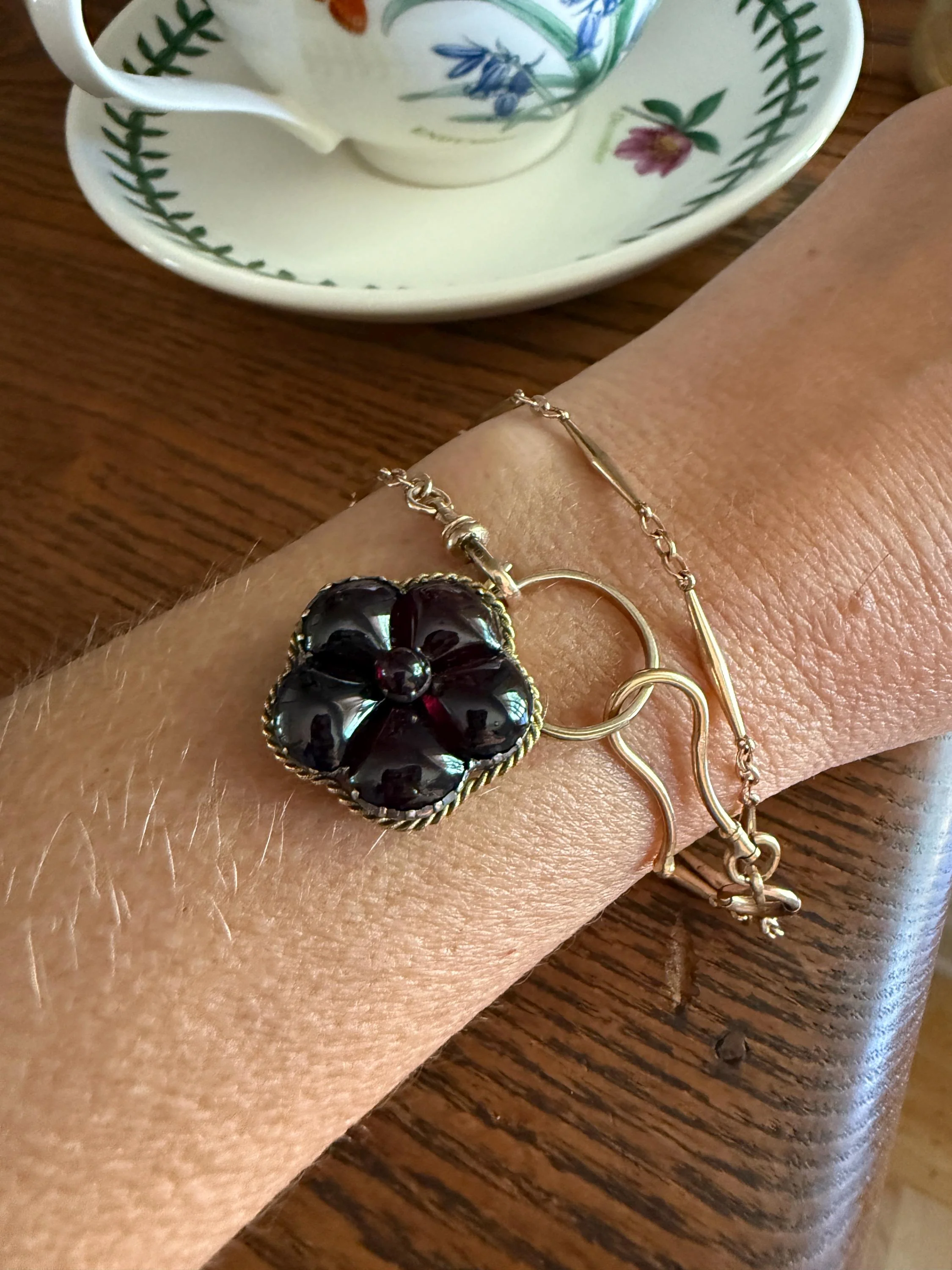 PANSY Floral PADLOCK Victorian Antique Juicy GARNET 14k Gold Solid Pendant Figural Romantic Gift Love Reversible Bracelet Necklace Clasp - Image 3