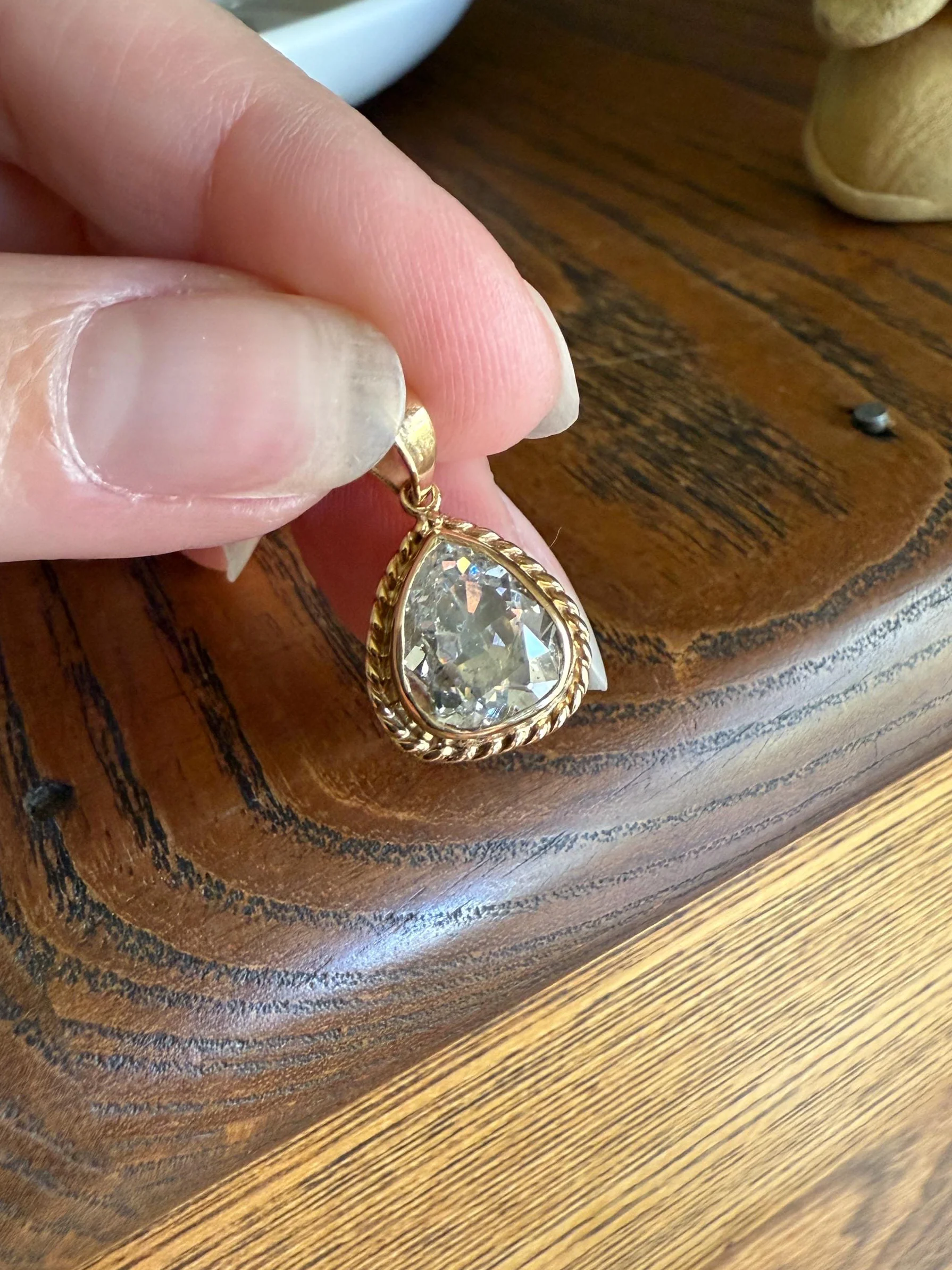 PEAR Antique Natural Old Mine Cut DIAMOND 2 Carats Chubby Pendant 14k Gold Bezel Set Retro Vintage Rope Detail Teardrop Dangle