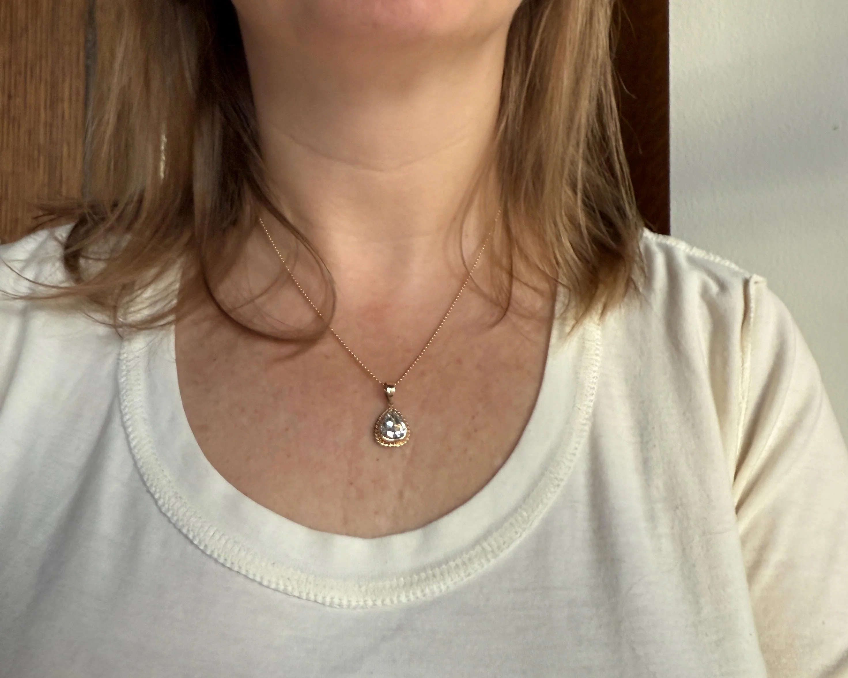PEAR Antique Natural Old Mine Cut DIAMOND 2 Carats Chubby Pendant 14k Gold Bezel Set Retro Vintage Rope Detail Teardrop Dangle - Image 10