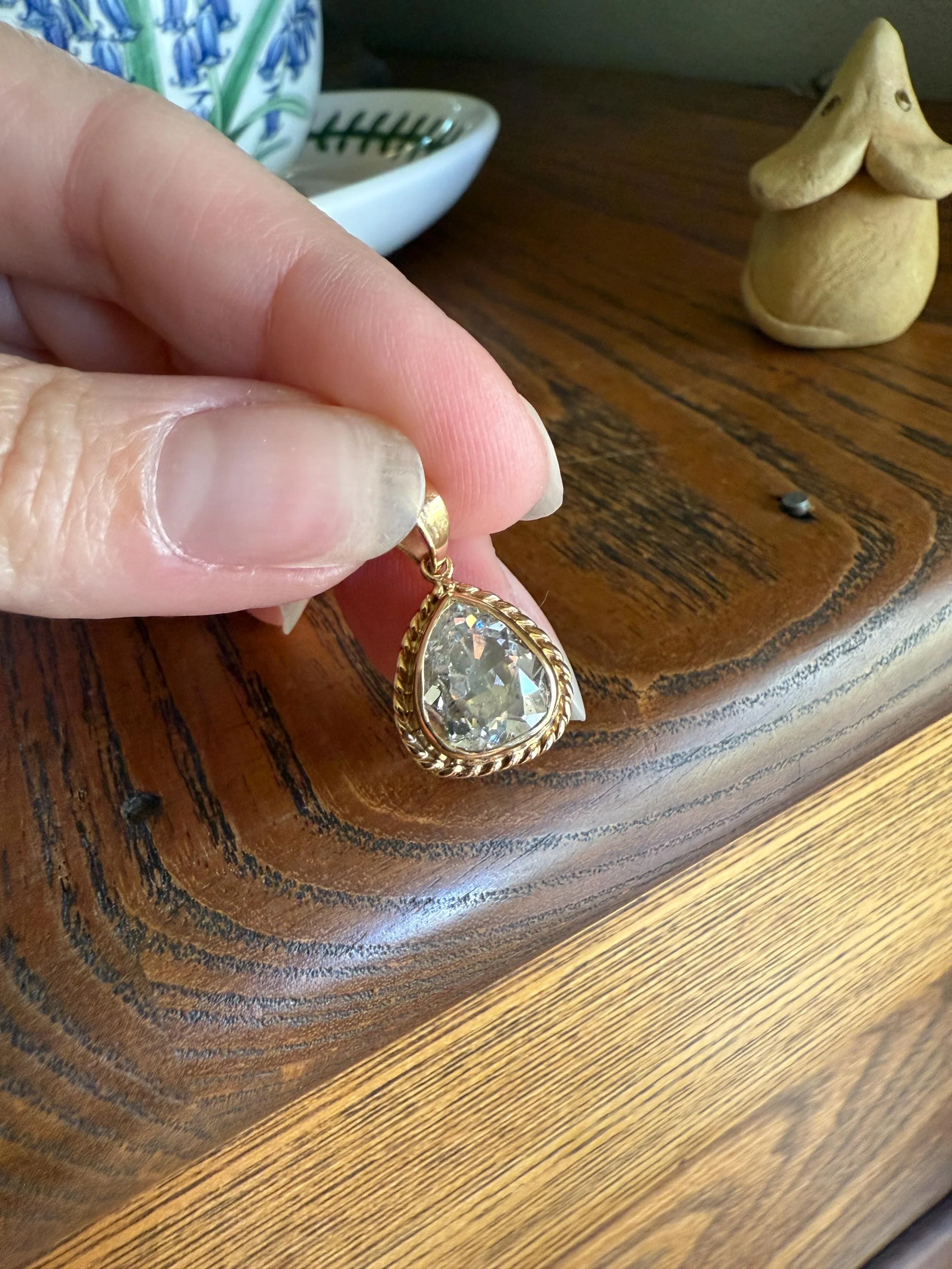 PEAR Antique Natural Old Mine Cut DIAMOND 2 Carats Chubby Pendant 14k Gold Bezel Set Retro Vintage Rope Detail Teardrop Dangle - Image 12