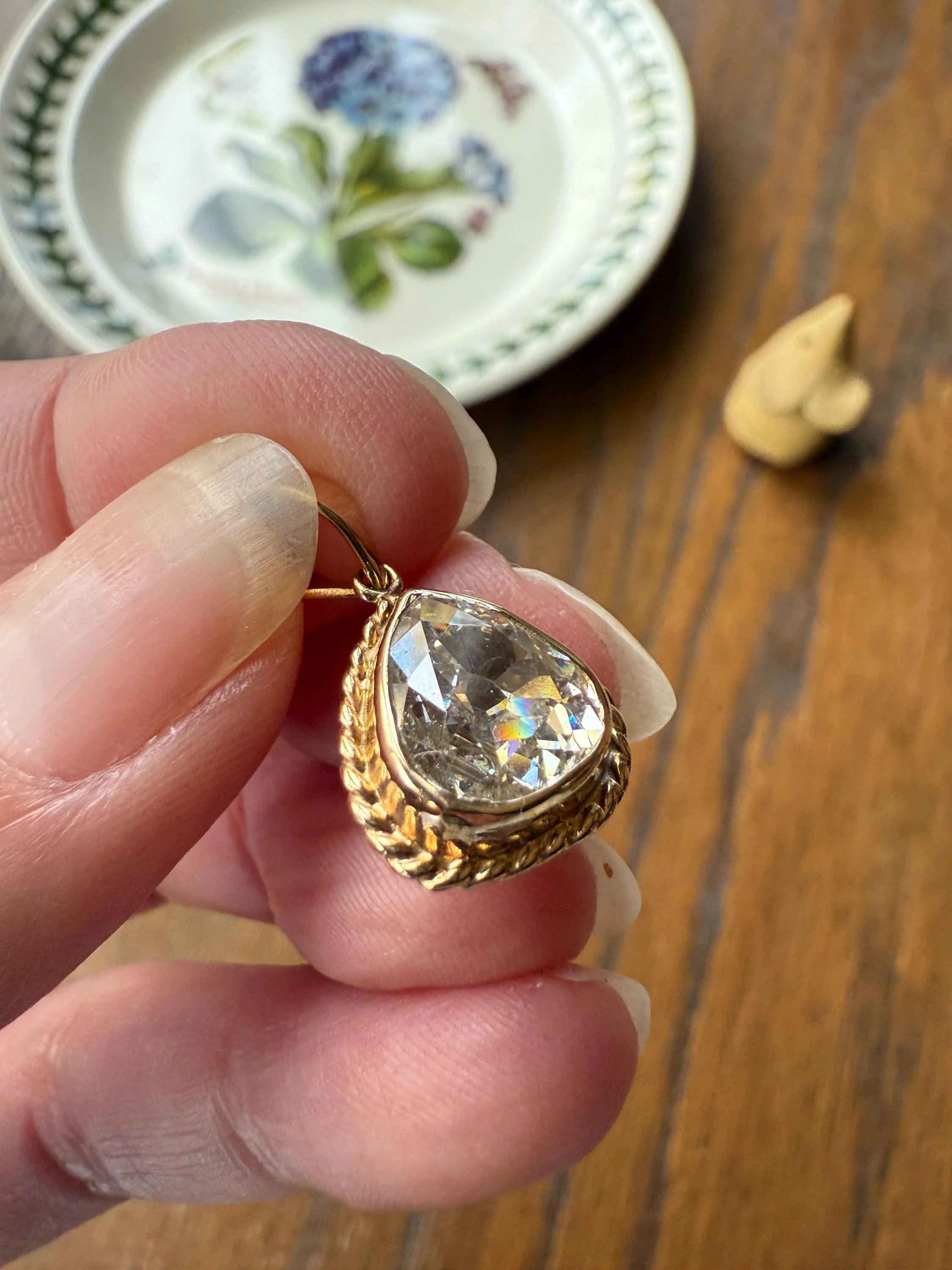 PEAR Antique Natural Old Mine Cut DIAMOND 2 Carats Chubby Pendant 14k Gold Bezel Set Retro Vintage Rope Detail Teardrop Dangle - Image 13
