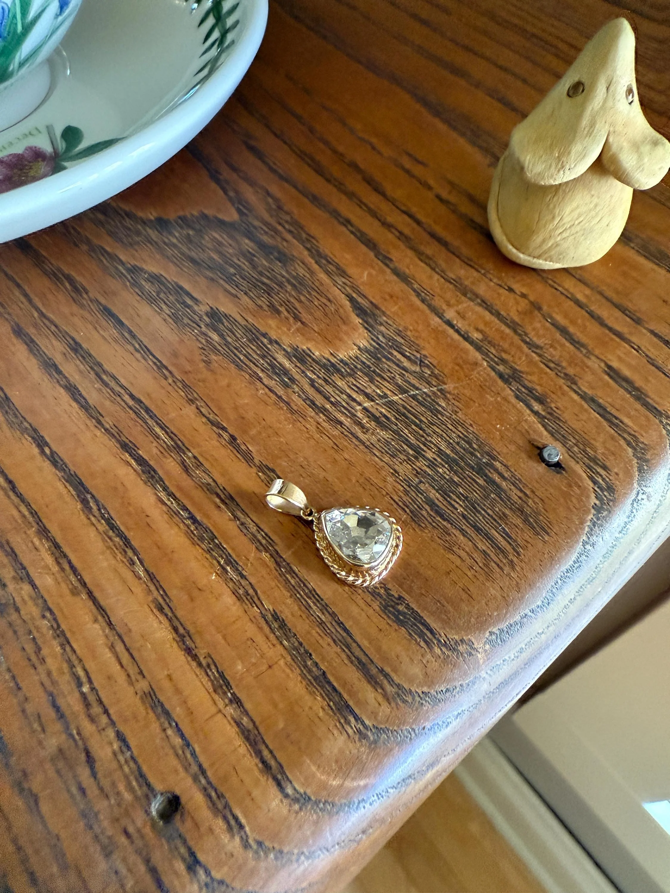 PEAR Antique Natural Old Mine Cut DIAMOND 2 Carats Chubby Pendant 14k Gold Bezel Set Retro Vintage Rope Detail Teardrop Dangle - Image 15