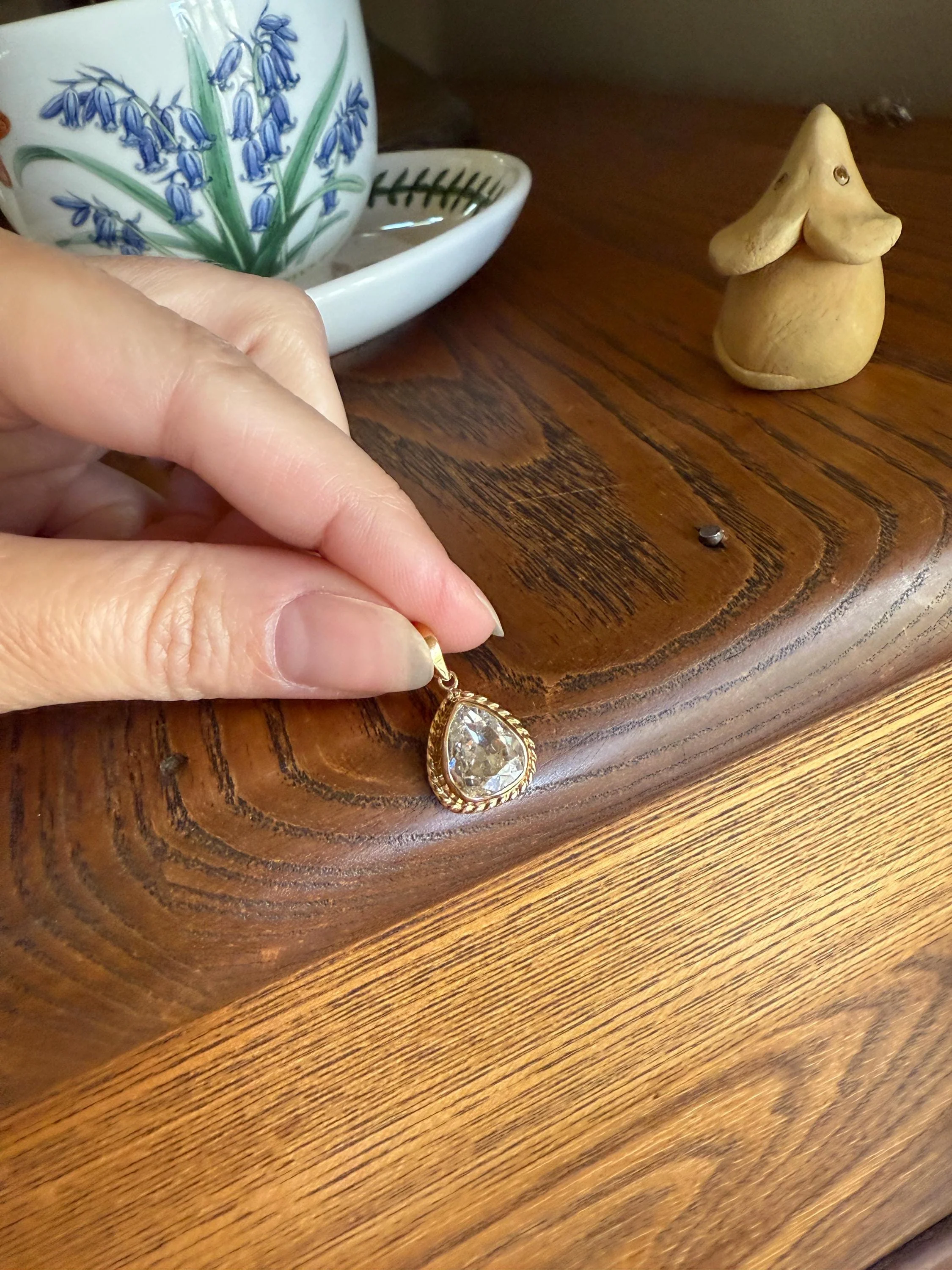 PEAR Antique Natural Old Mine Cut DIAMOND 2 Carats Chubby Pendant 14k Gold Bezel Set Retro Vintage Rope Detail Teardrop Dangle - Image 17