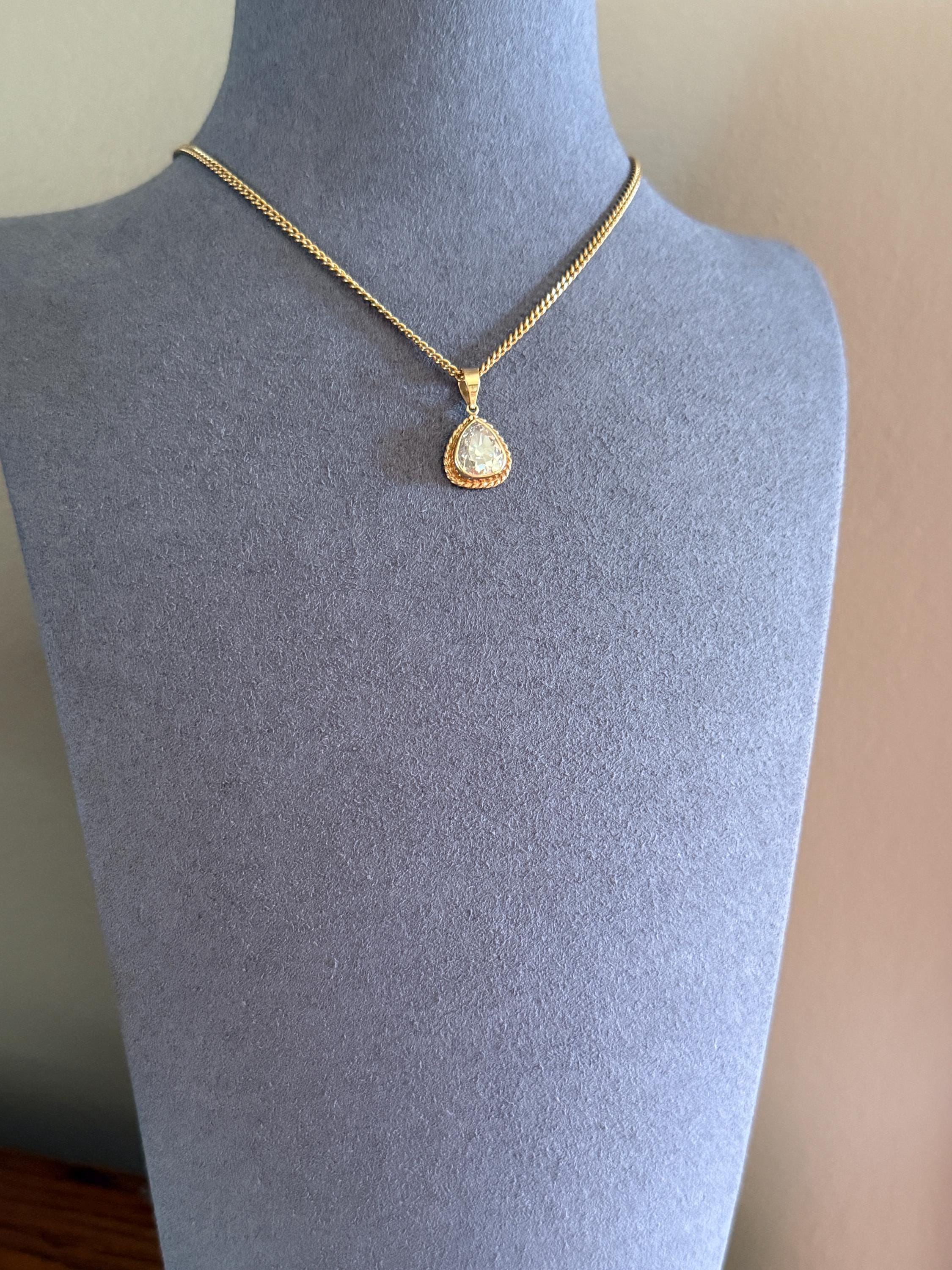 PEAR Antique Natural Old Mine Cut DIAMOND 2 Carats Chubby Pendant 14k Gold Bezel Set Retro Vintage Rope Detail Teardrop Dangle - Image 2