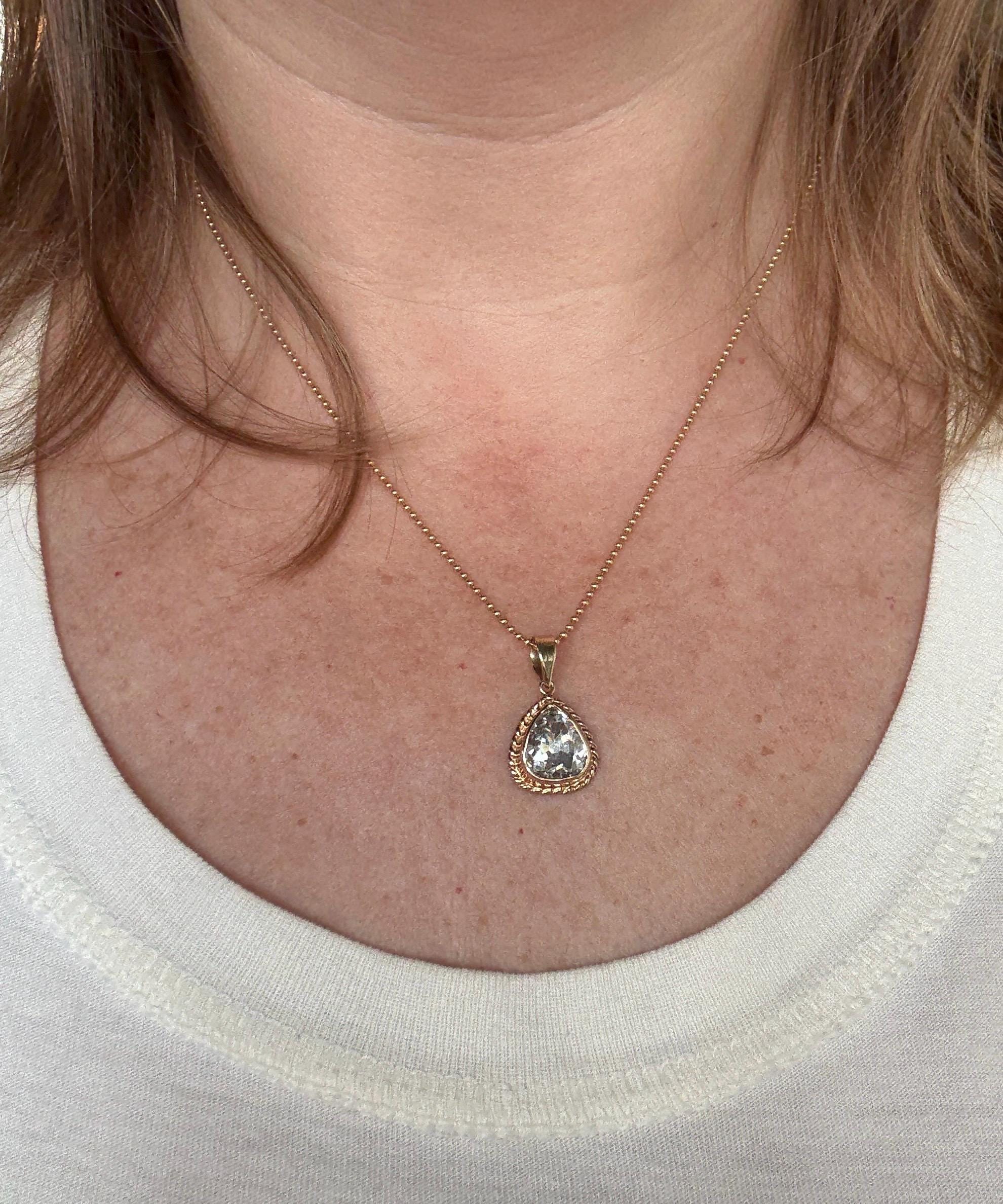 PEAR Antique Natural Old Mine Cut DIAMOND 2 Carats Chubby Pendant 14k Gold Bezel Set Retro Vintage Rope Detail Teardrop Dangle - Image 20