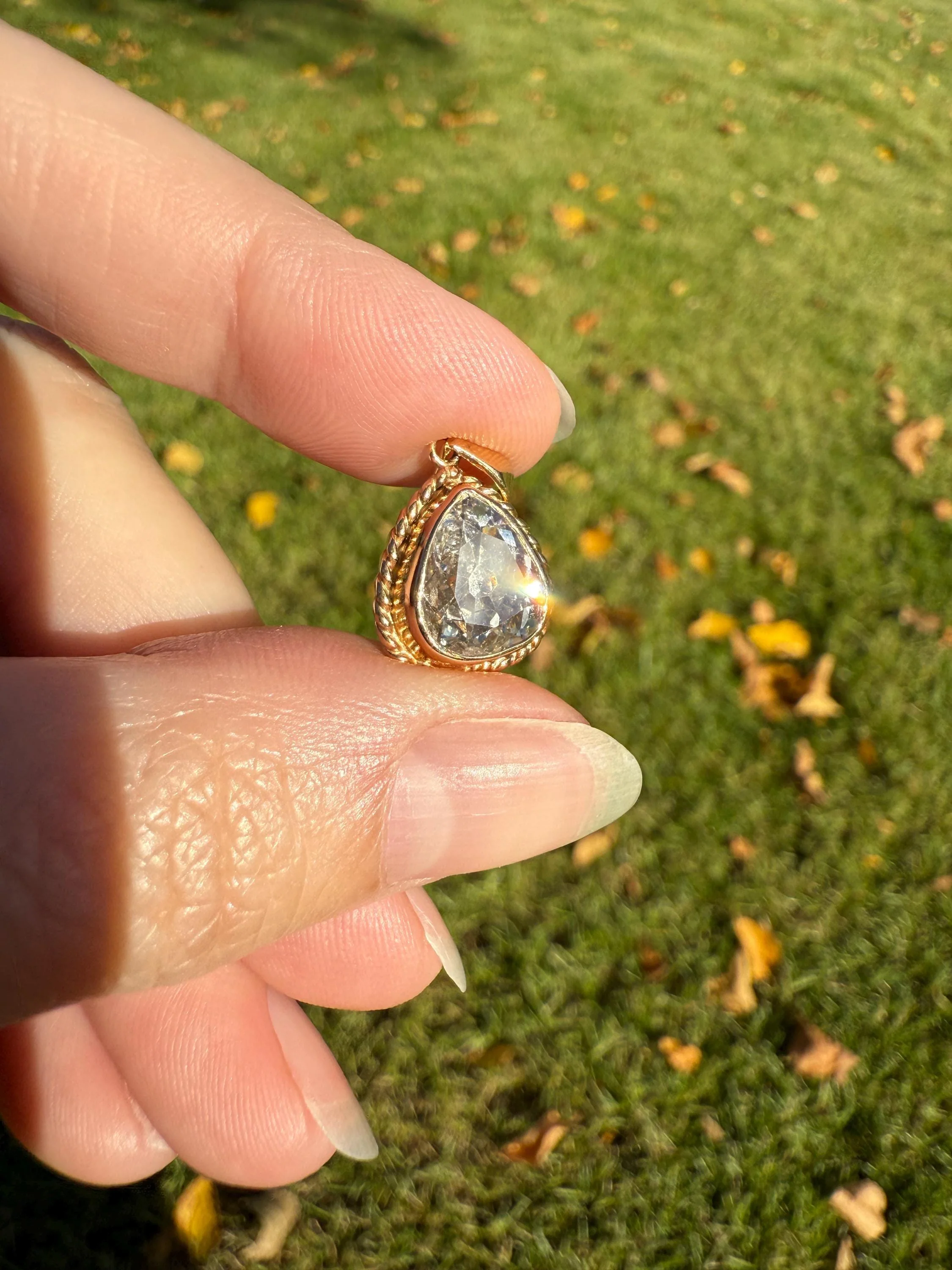 PEAR Antique Natural Old Mine Cut DIAMOND 2 Carats Chubby Pendant 14k Gold Bezel Set Retro Vintage Rope Detail Teardrop Dangle - Image 3