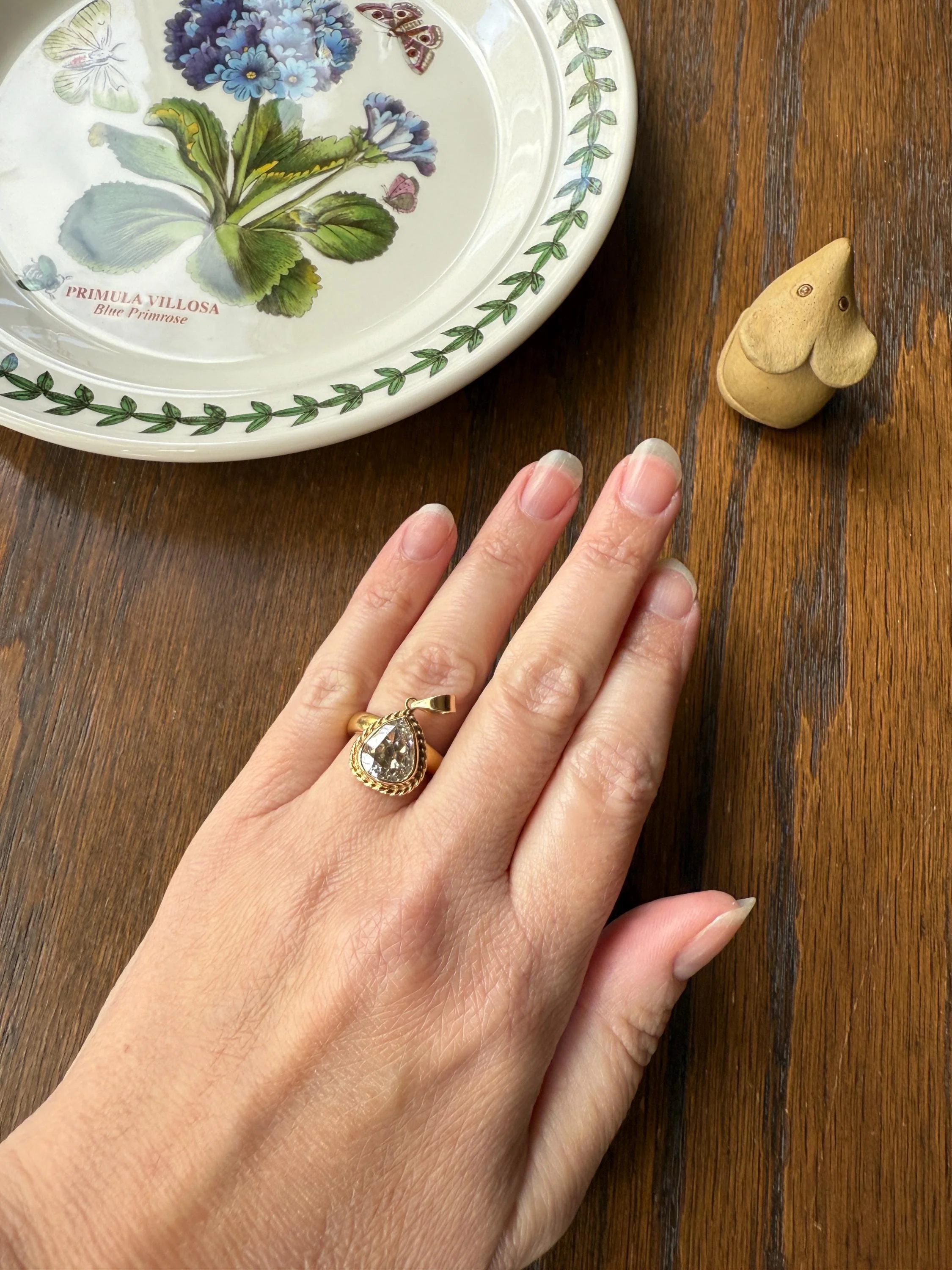 PEAR Antique Natural Old Mine Cut DIAMOND 2 Carats Chubby Pendant 14k Gold Bezel Set Retro Vintage Rope Detail Teardrop Dangle - Image 5