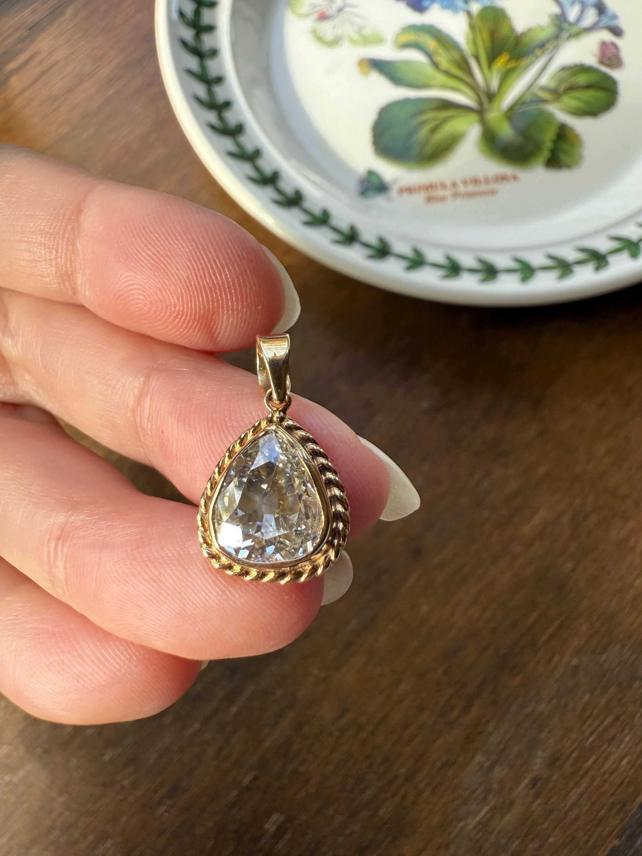 PEAR Antique Natural Old Mine Cut DIAMOND 2 Carats Chubby Pendant 14k Gold Bezel Set Retro Vintage Rope Detail Teardrop Dangle - Image 6