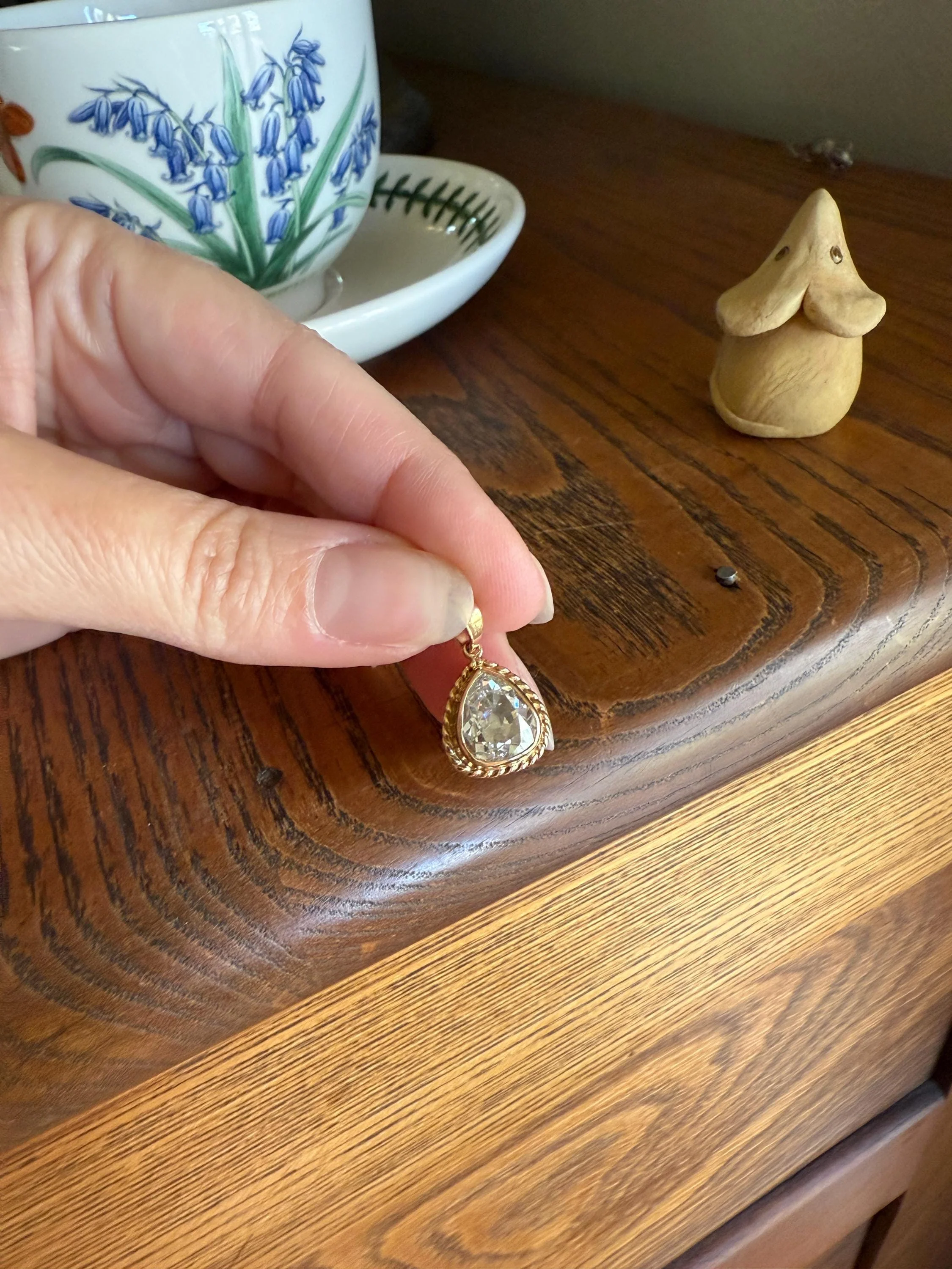PEAR Antique Natural Old Mine Cut DIAMOND 2 Carats Chubby Pendant 14k Gold Bezel Set Retro Vintage Rope Detail Teardrop Dangle - Image 7