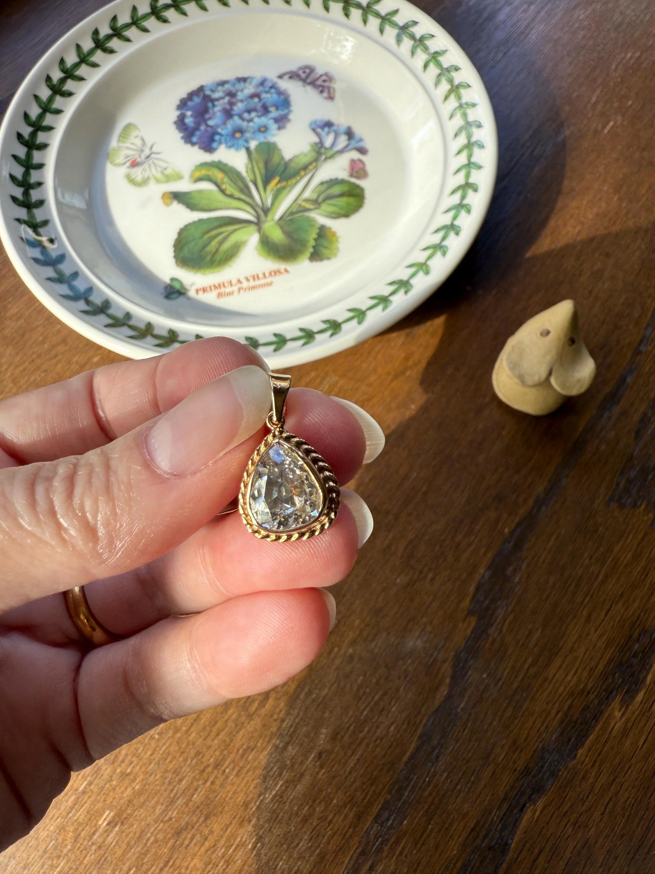 PEAR Antique Natural Old Mine Cut DIAMOND 2 Carats Chubby Pendant 14k Gold Bezel Set Retro Vintage Rope Detail Teardrop Dangle - Image 8