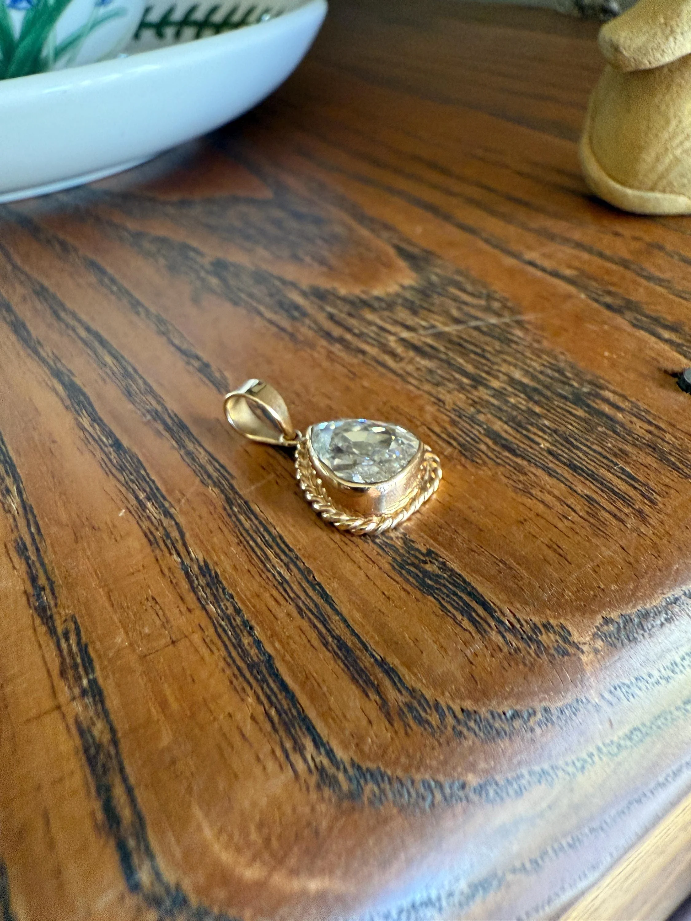 PEAR Antique Natural Old Mine Cut DIAMOND 2 Carats Chubby Pendant 14k Gold Bezel Set Retro Vintage Rope Detail Teardrop Dangle - Image 9