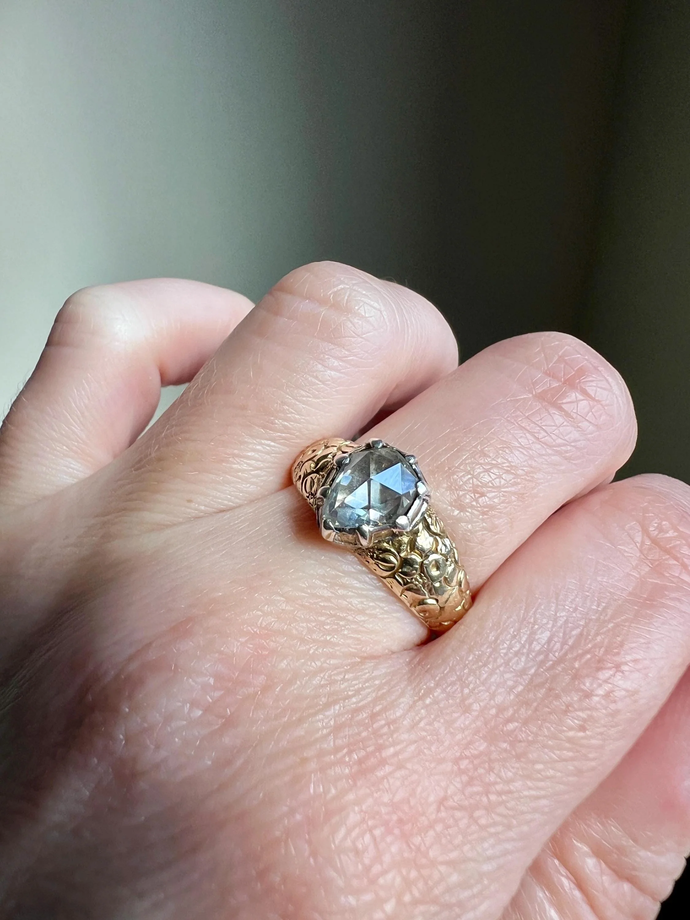PEAR Eye Clean Domed 1.2 + Carat Rose Cut DIAMOND Floral Embossed Georgian ANTIQUE Ring 14k Gold Silver Collet Band Stacker Solitaire - Image 11