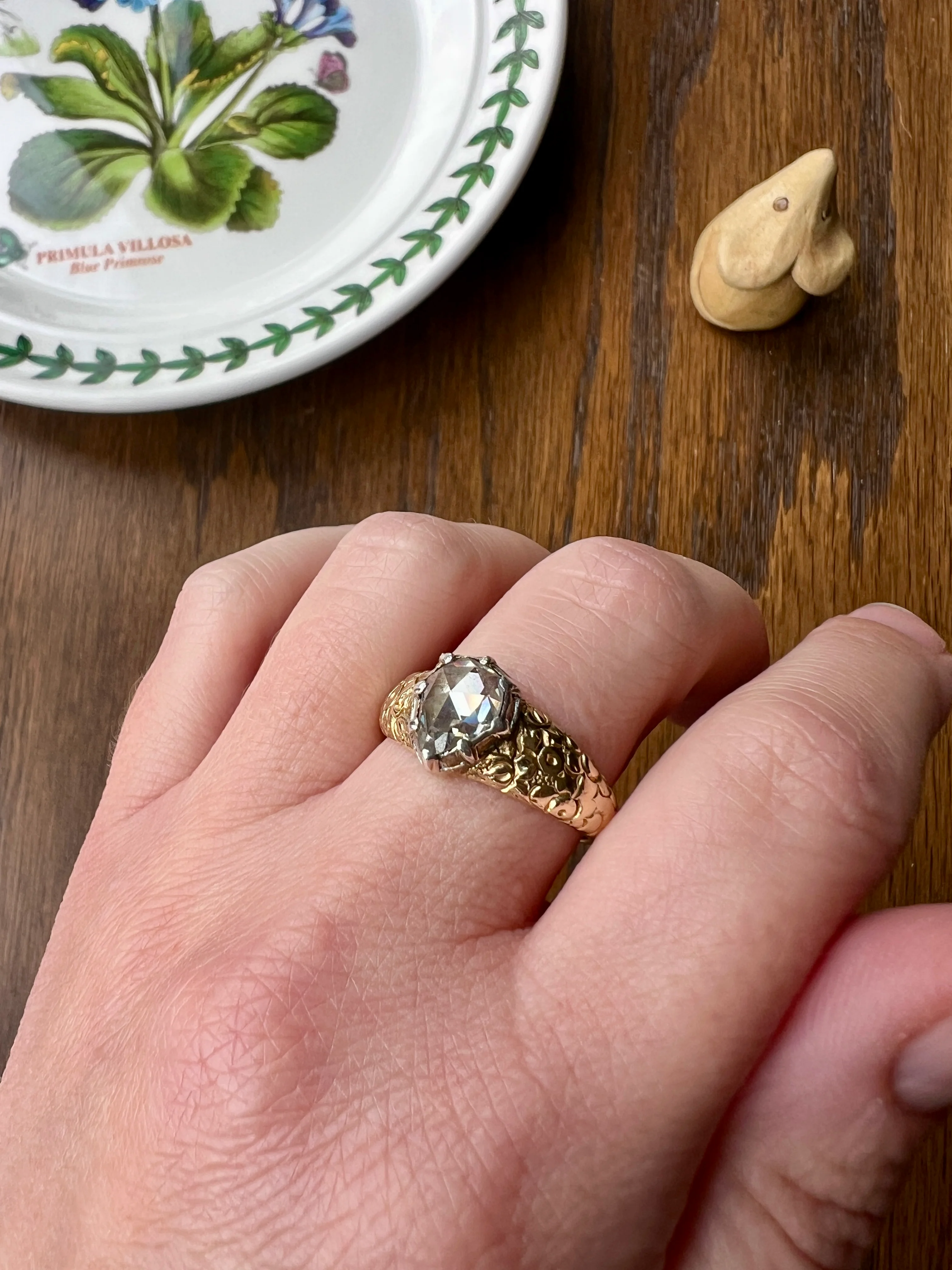 PEAR Eye Clean Domed 1.2 + Carat Rose Cut DIAMOND Floral Embossed Georgian ANTIQUE Ring 14k Gold Silver Collet Band Stacker Solitaire - Image 13