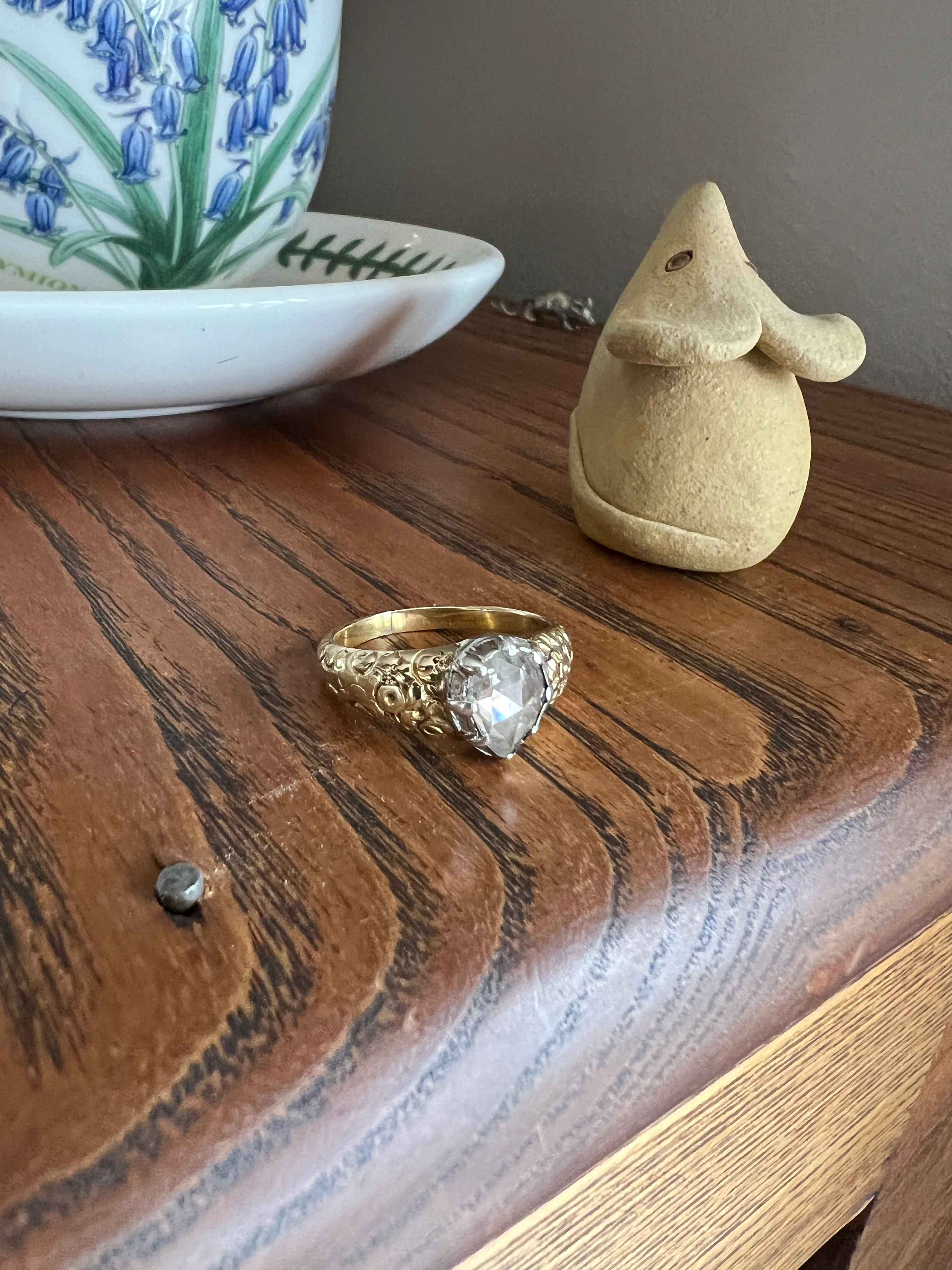 PEAR Eye Clean Domed 1.2 + Carat Rose Cut DIAMOND Floral Embossed Georgian ANTIQUE Ring 14k Gold Silver Collet Band Stacker Solitaire - Image 16