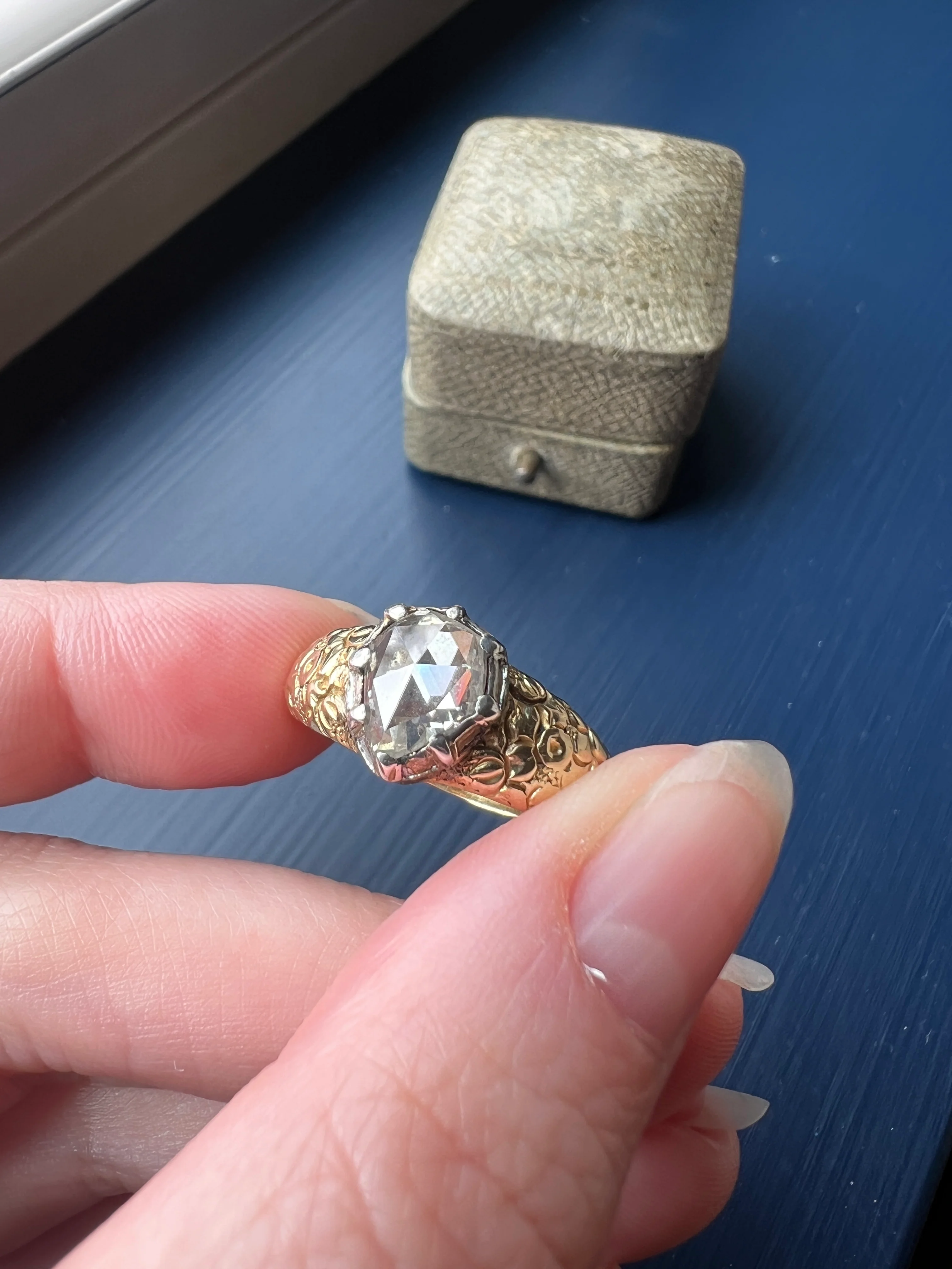 PEAR Eye Clean Domed 1.2 + Carat Rose Cut DIAMOND Floral Embossed Georgian ANTIQUE Ring 14k Gold Silver Collet Band Stacker Solitaire - Image 17