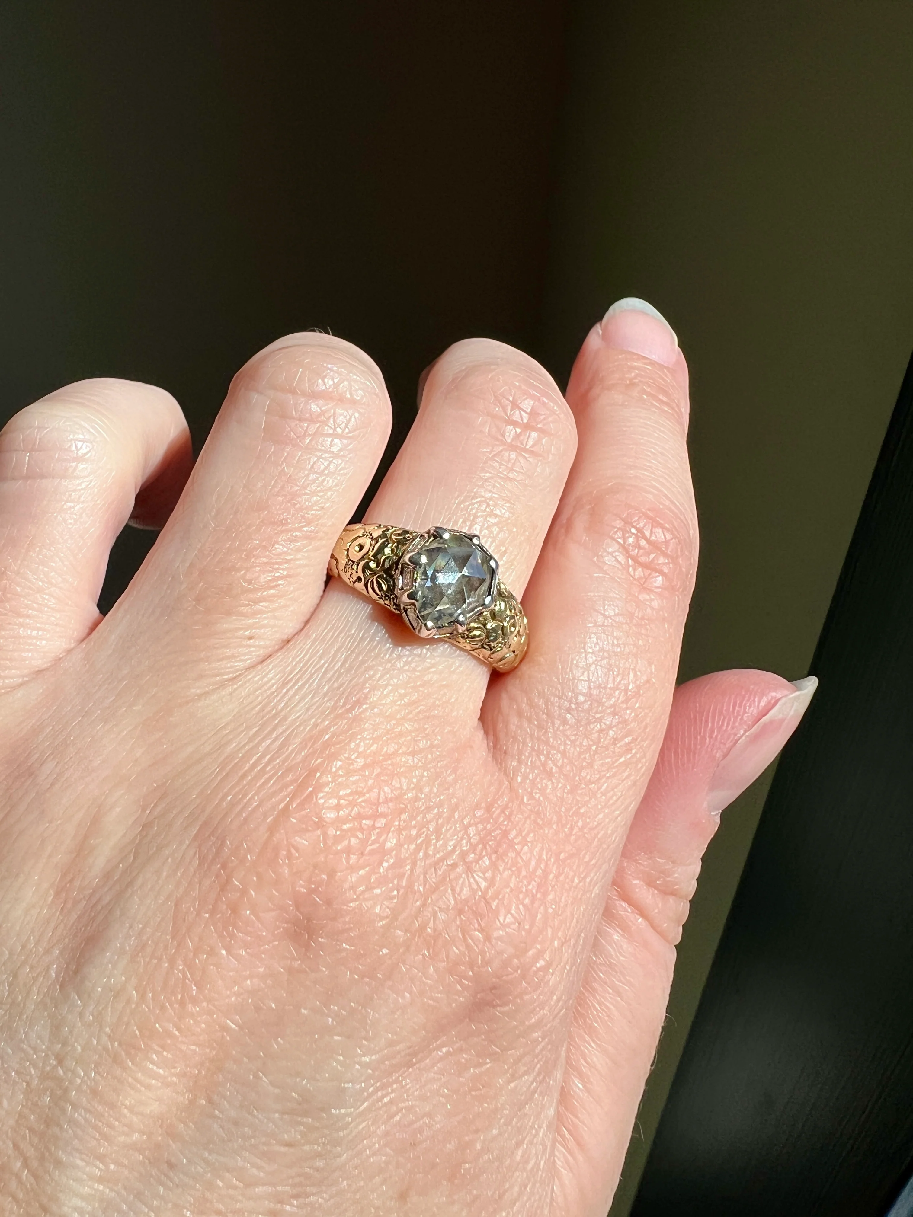 PEAR Eye Clean Domed 1.2 + Carat Rose Cut DIAMOND Floral Embossed Georgian ANTIQUE Ring 14k Gold Silver Collet Band Stacker Solitaire - Image 18