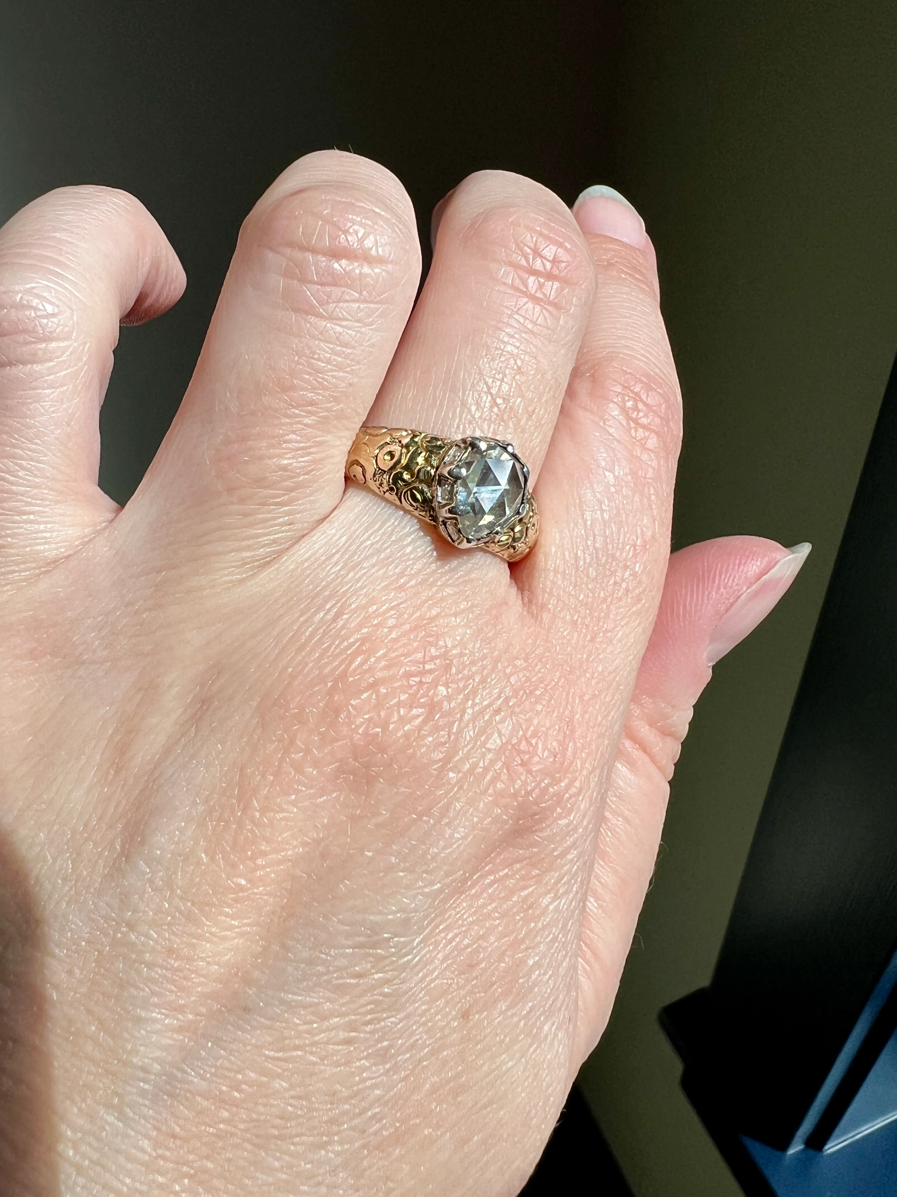 PEAR Eye Clean Domed 1.2 + Carat Rose Cut DIAMOND Floral Embossed Georgian ANTIQUE Ring 14k Gold Silver Collet Band Stacker Solitaire - Image 19