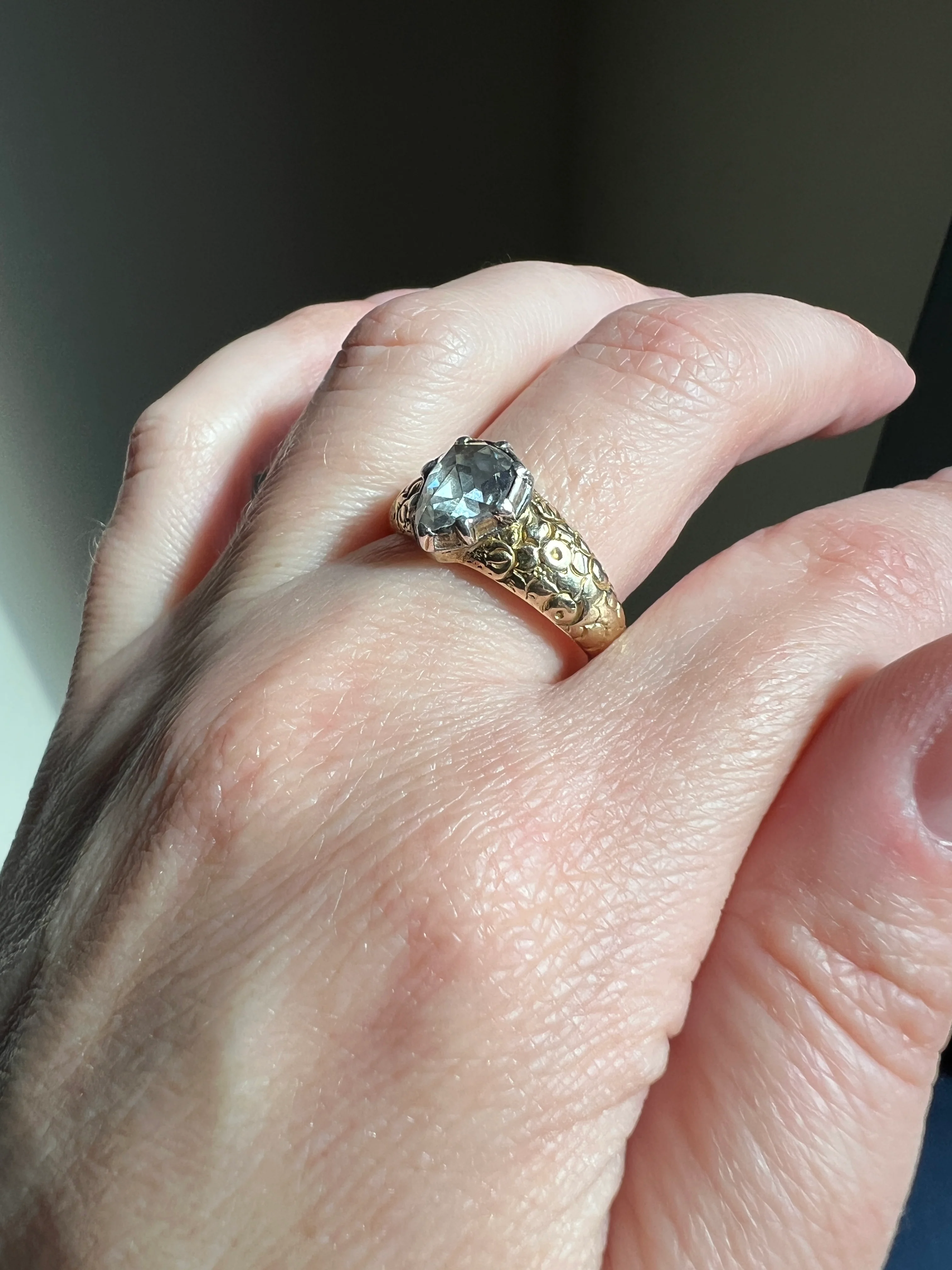 PEAR Eye Clean Domed 1.2 + Carat Rose Cut DIAMOND Floral Embossed Georgian ANTIQUE Ring 14k Gold Silver Collet Band Stacker Solitaire - Image 20