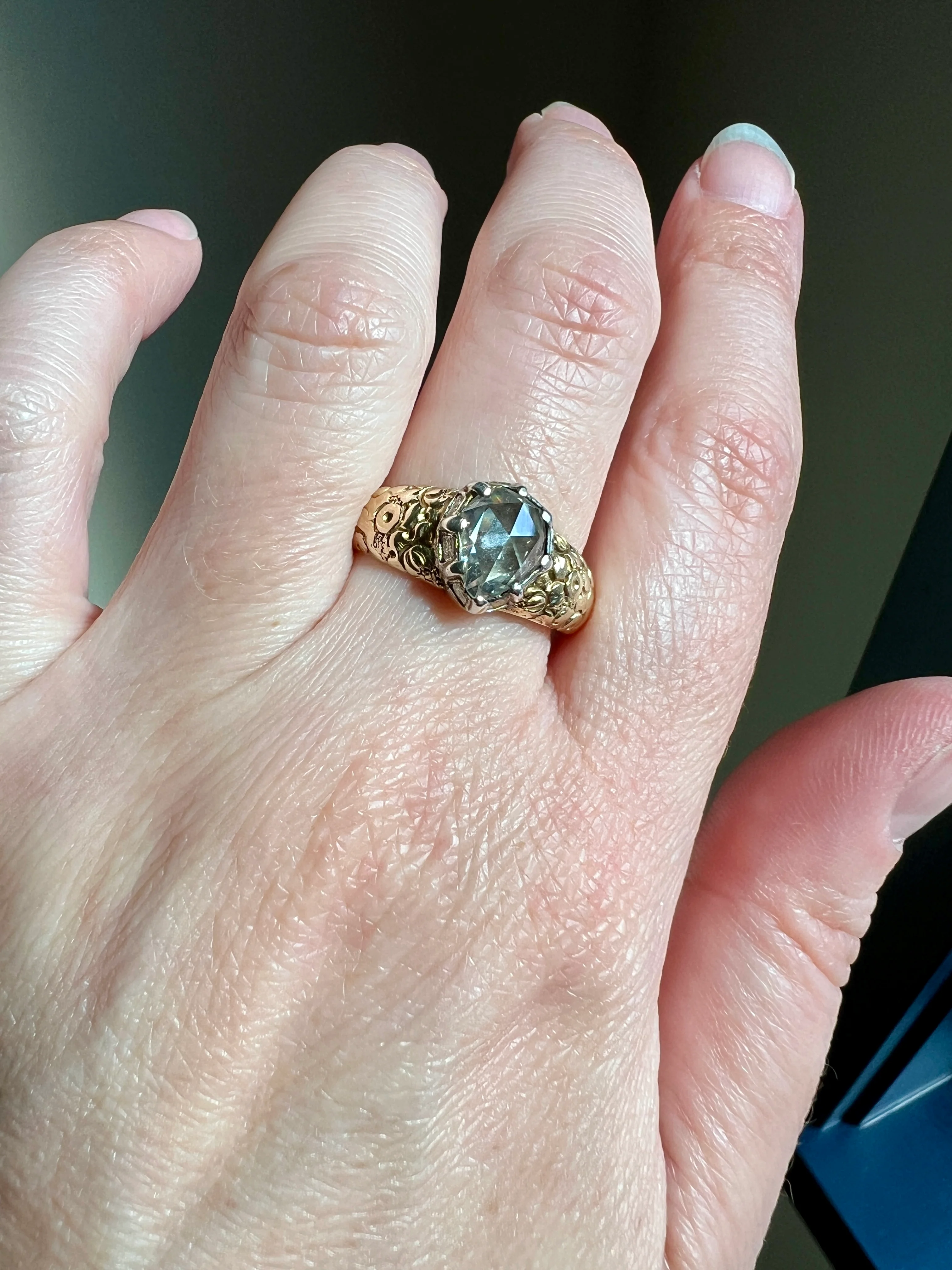 PEAR Eye Clean Domed 1.2 + Carat Rose Cut DIAMOND Floral Embossed Georgian ANTIQUE Ring 14k Gold Silver Collet Band Stacker Solitaire - Image 21