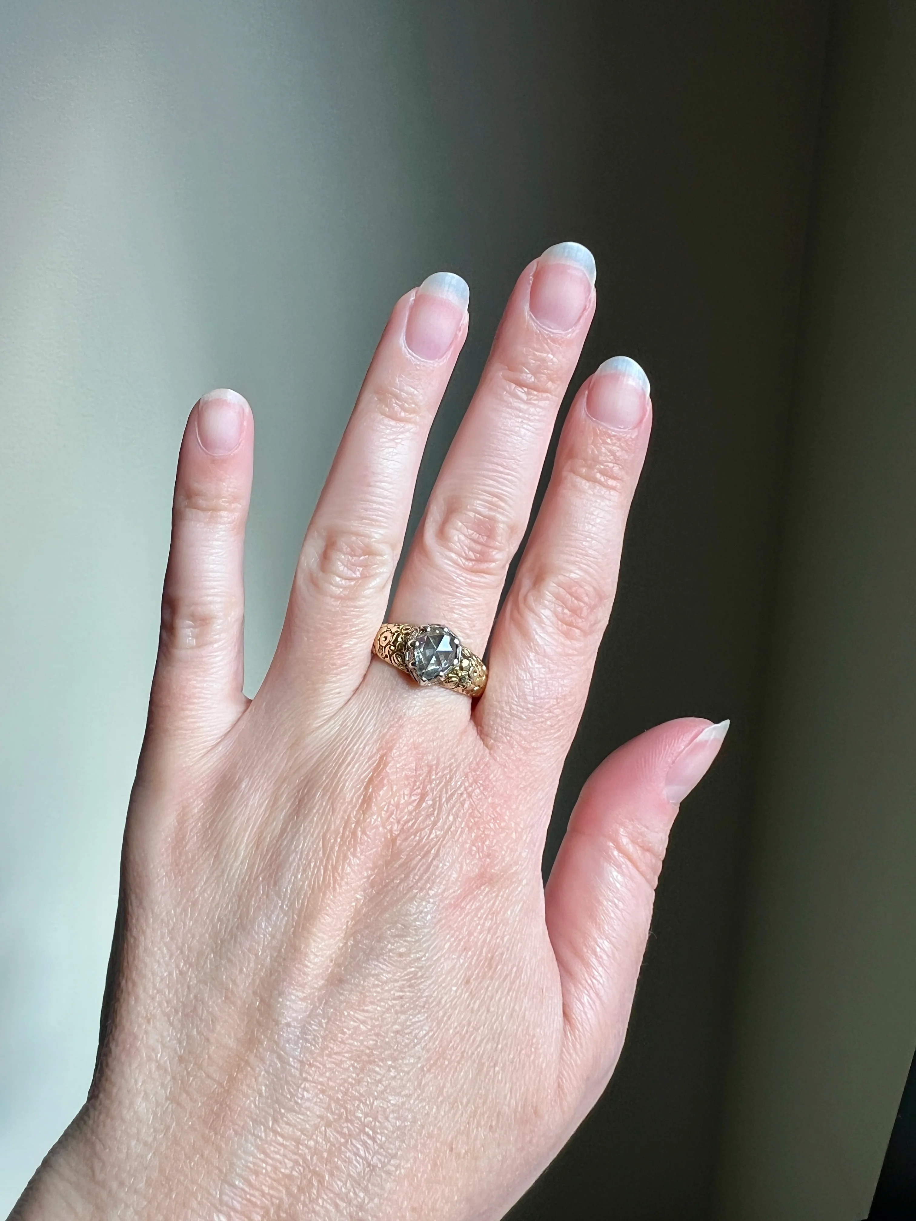 PEAR Eye Clean Domed 1.2 + Carat Rose Cut DIAMOND Floral Embossed Georgian ANTIQUE Ring 14k Gold Silver Collet Band Stacker Solitaire - Image 22