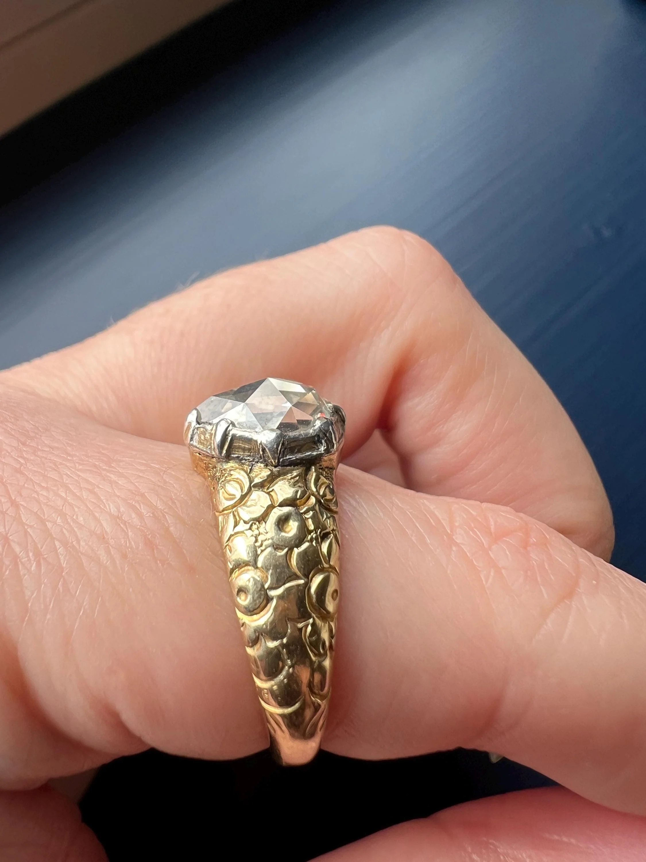PEAR Eye Clean Domed 1.2 + Carat Rose Cut DIAMOND Floral Embossed Georgian ANTIQUE Ring 14k Gold Silver Collet Band Stacker Solitaire - Image 3