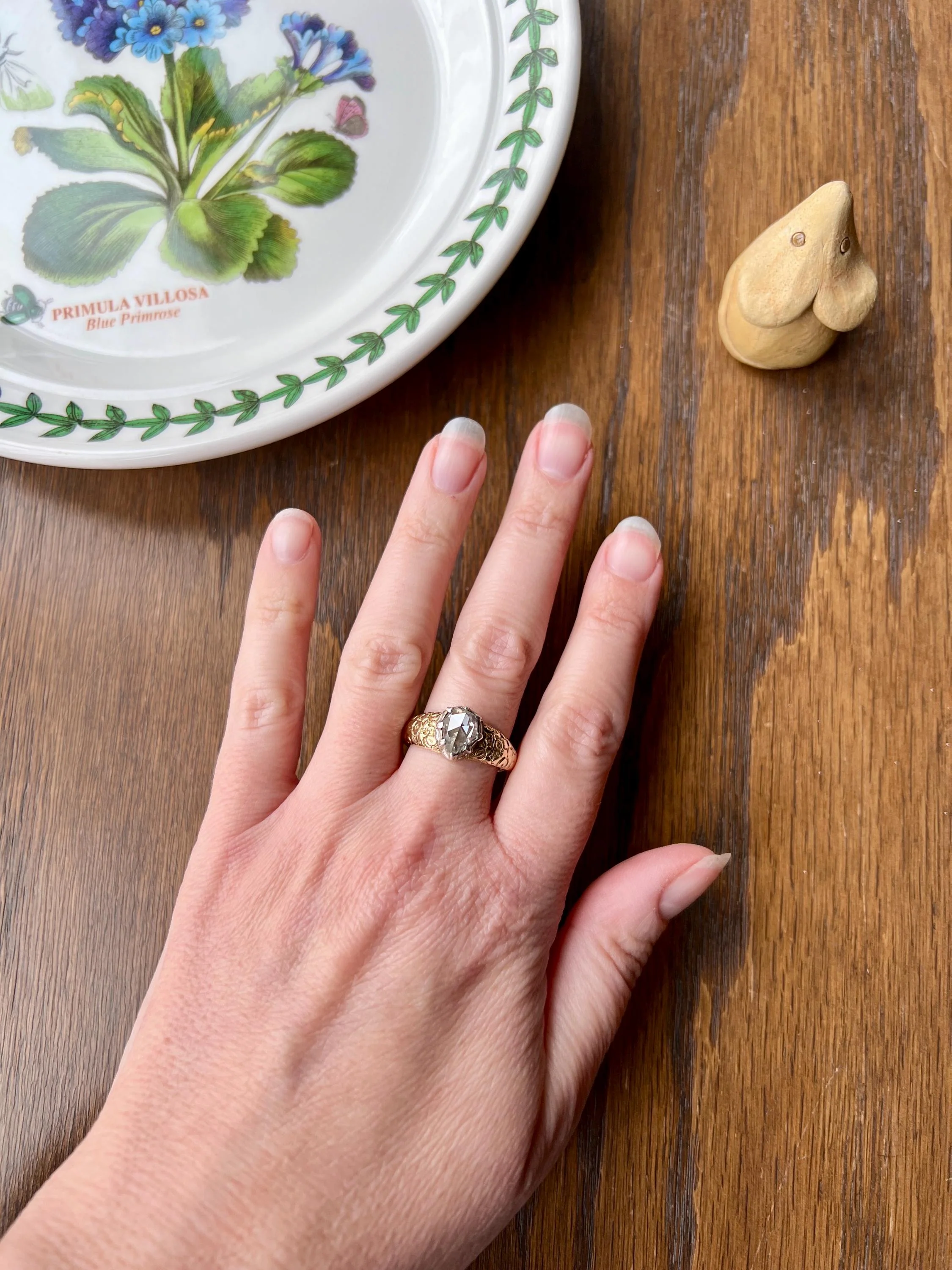 PEAR Eye Clean Domed 1.2 + Carat Rose Cut DIAMOND Floral Embossed Georgian ANTIQUE Ring 14k Gold Silver Collet Band Stacker Solitaire - Image 4