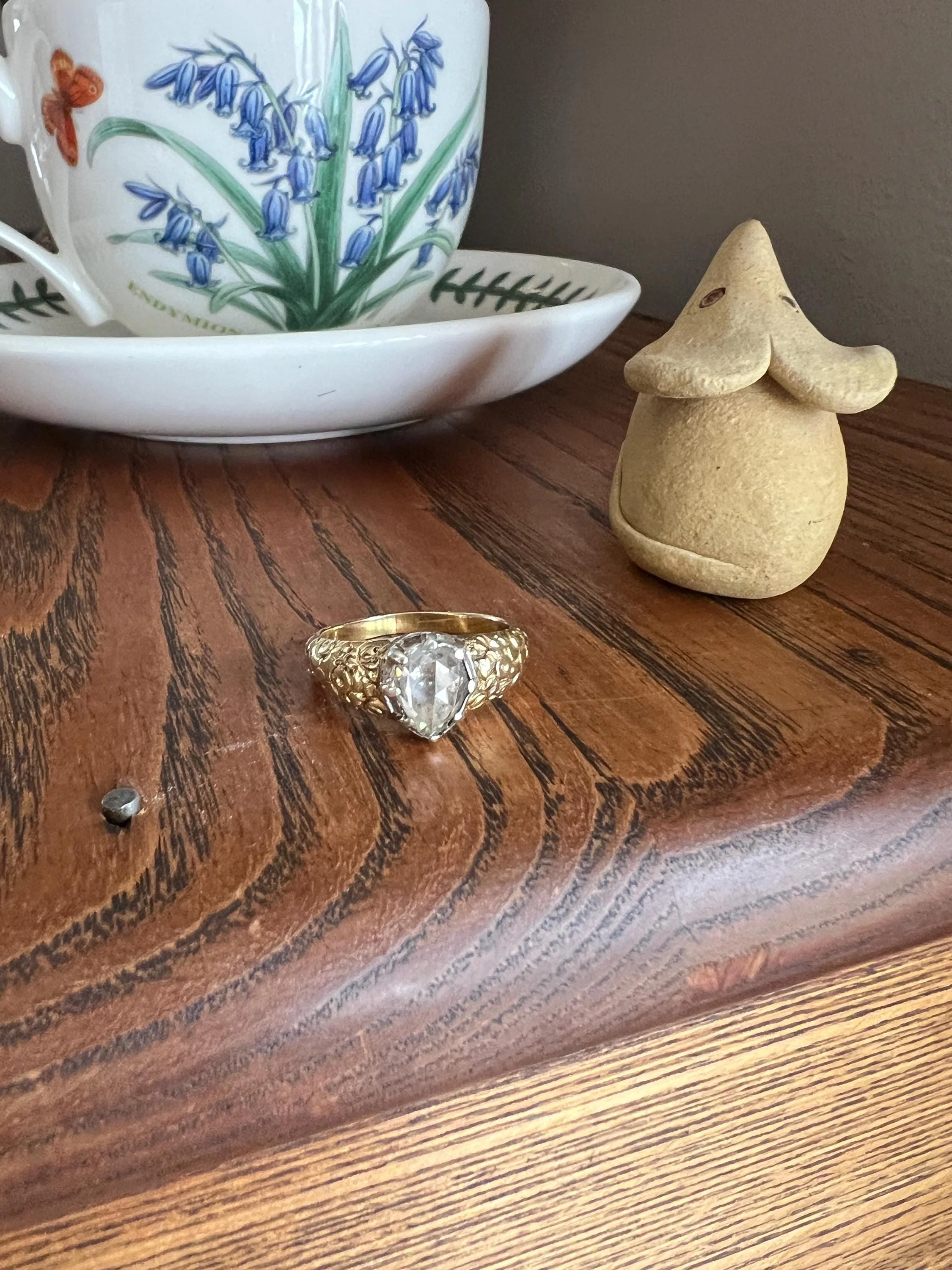 PEAR Eye Clean Domed 1.2 + Carat Rose Cut DIAMOND Floral Embossed Georgian ANTIQUE Ring 14k Gold Silver Collet Band Stacker Solitaire - Image 5