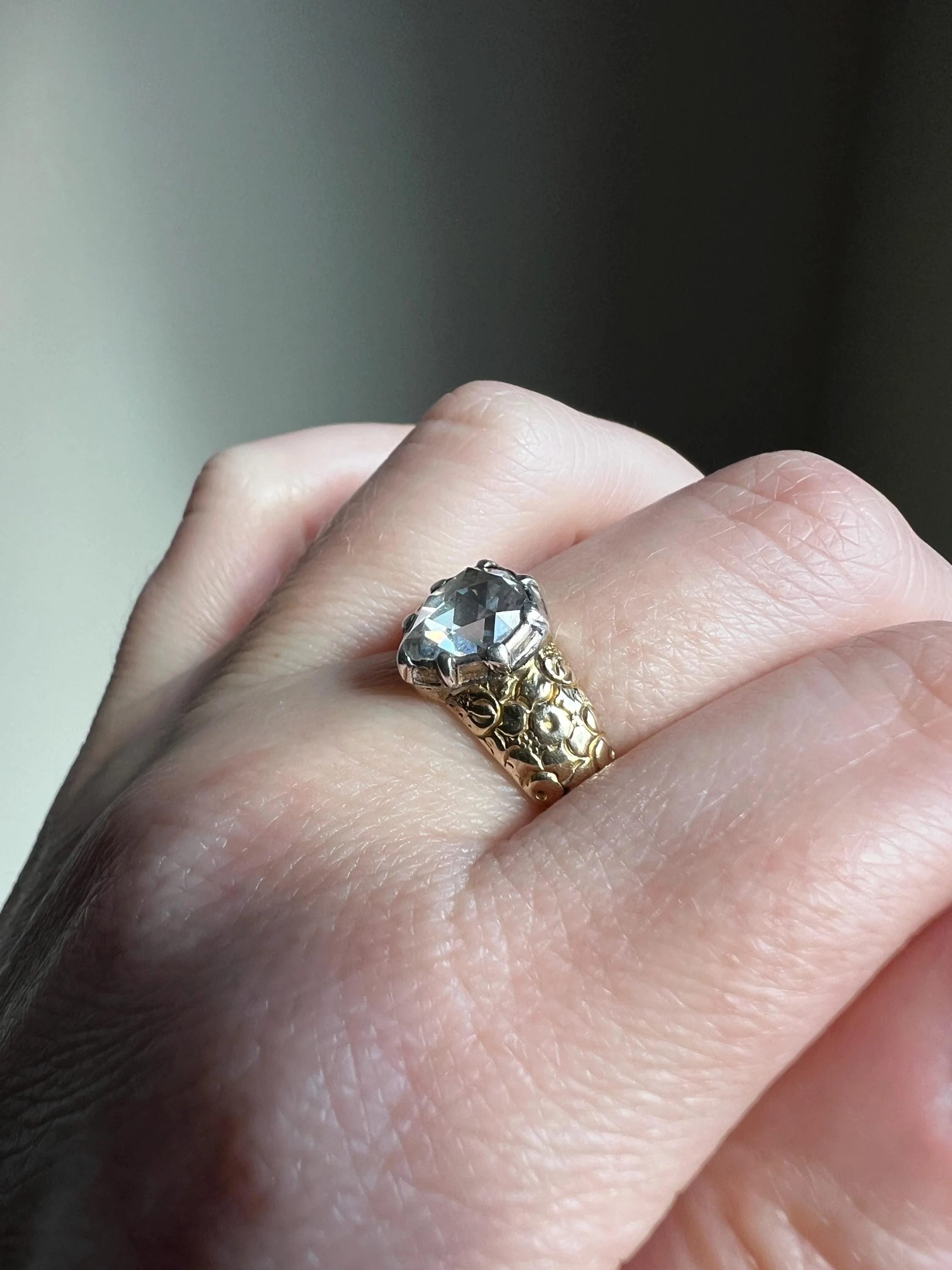 PEAR Eye Clean Domed 1.2 + Carat Rose Cut DIAMOND Floral Embossed Georgian ANTIQUE Ring 14k Gold Silver Collet Band Stacker Solitaire - Image 6