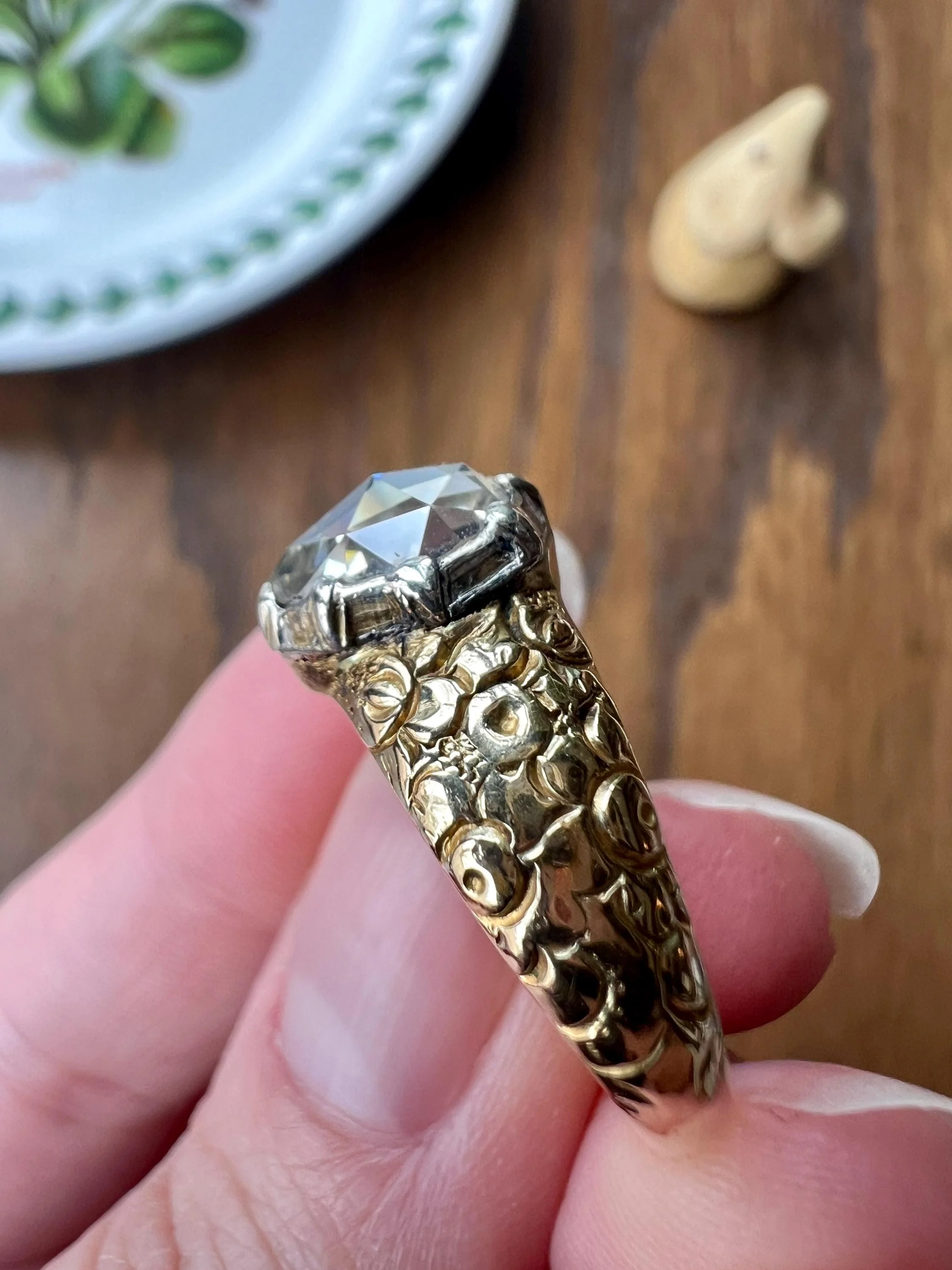 PEAR Eye Clean Domed 1.2 + Carat Rose Cut DIAMOND Floral Embossed Georgian ANTIQUE Ring 14k Gold Silver Collet Band Stacker Solitaire - Image 7