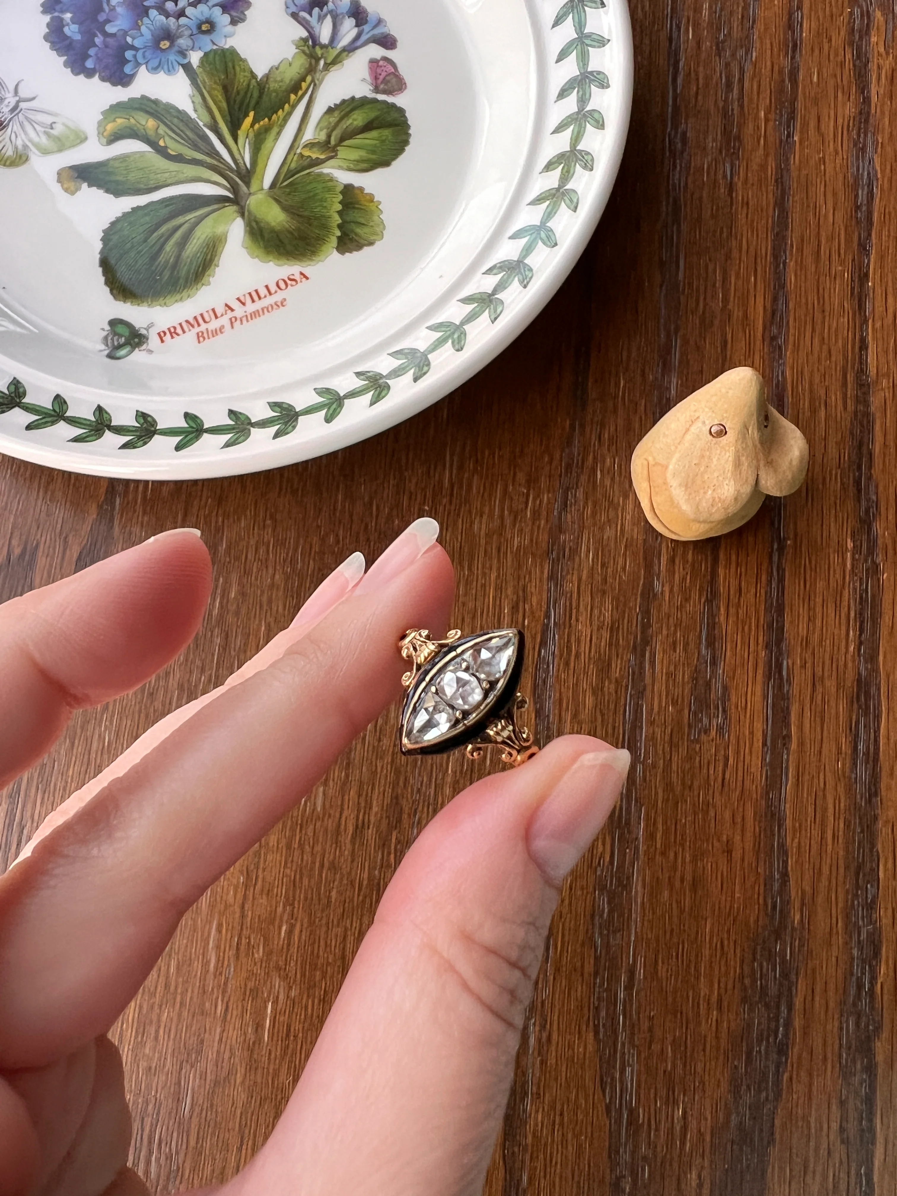 PEAR Rose Cut DIAMOND Teardrop Three Stone Black Enamel French Antique Ring 18k Gold - Image 12
