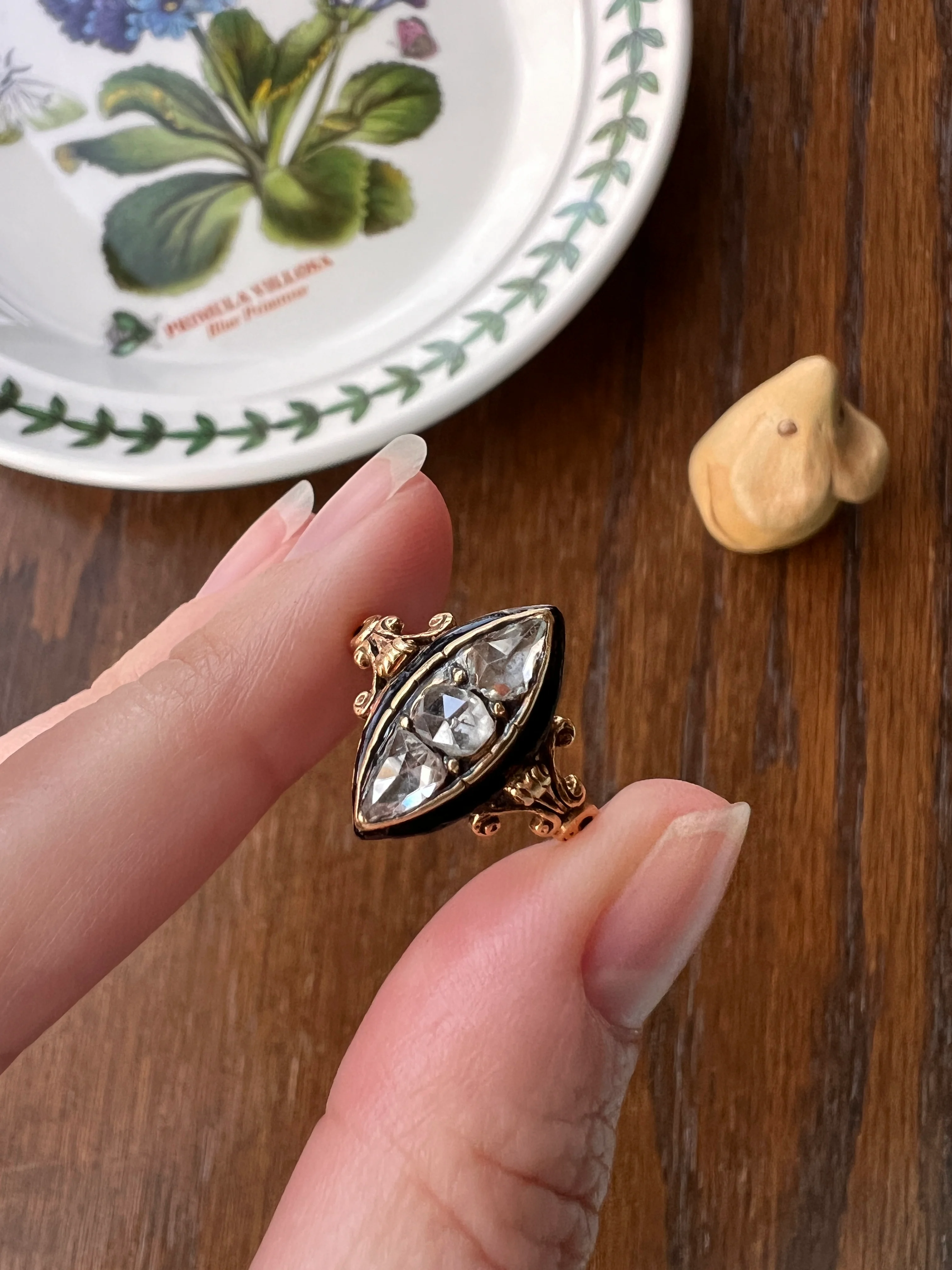 PEAR Rose Cut DIAMOND Teardrop Three Stone Black Enamel French Antique Ring 18k Gold - Image 14