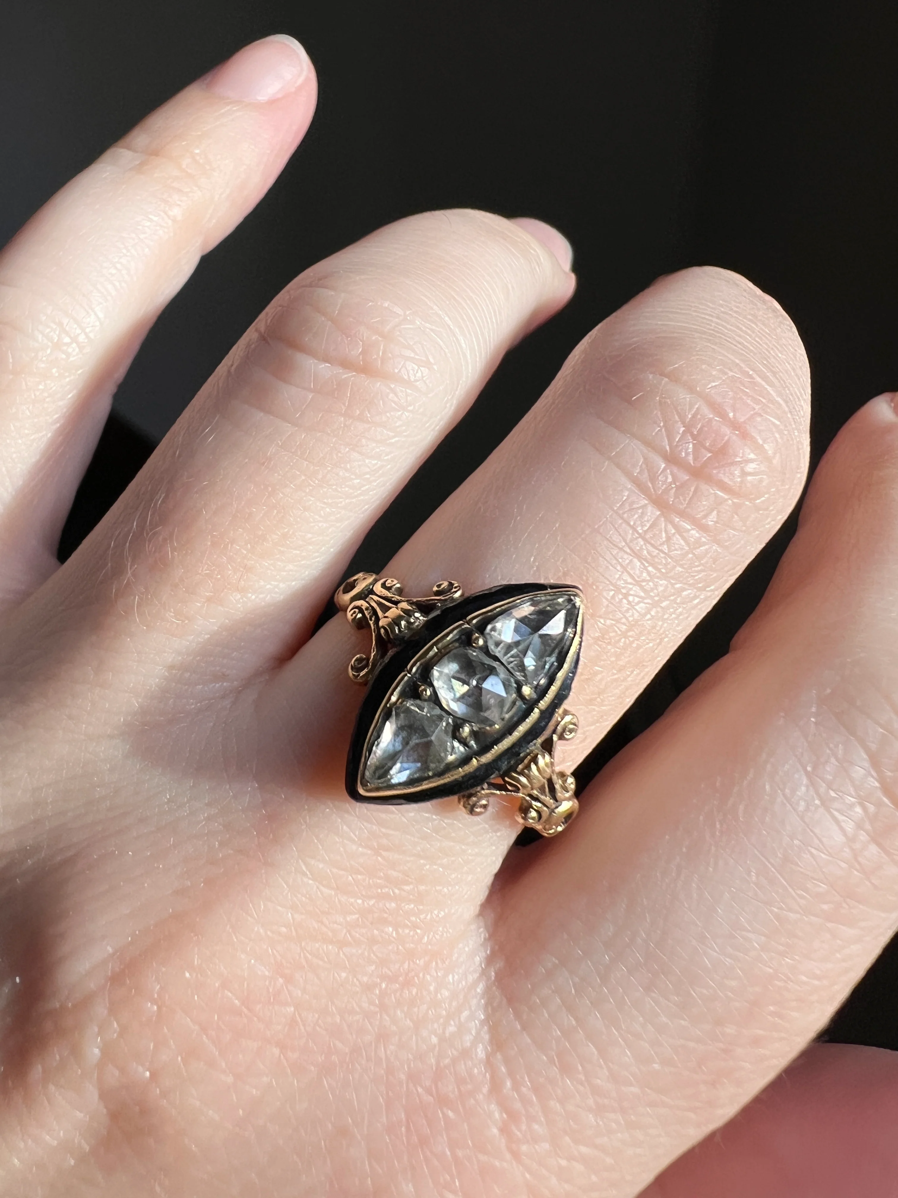PEAR Rose Cut DIAMOND Teardrop Three Stone Black Enamel French Antique Ring 18k Gold - Image 15