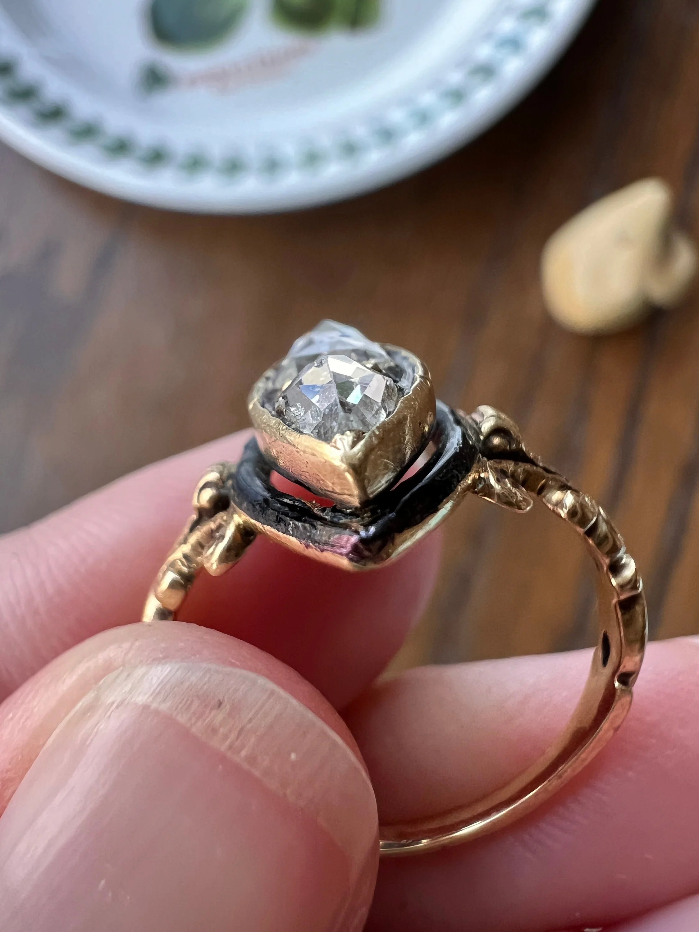 PEAR Rose Cut DIAMOND Teardrop Three Stone Black Enamel French Antique Ring 18k Gold - Image 8