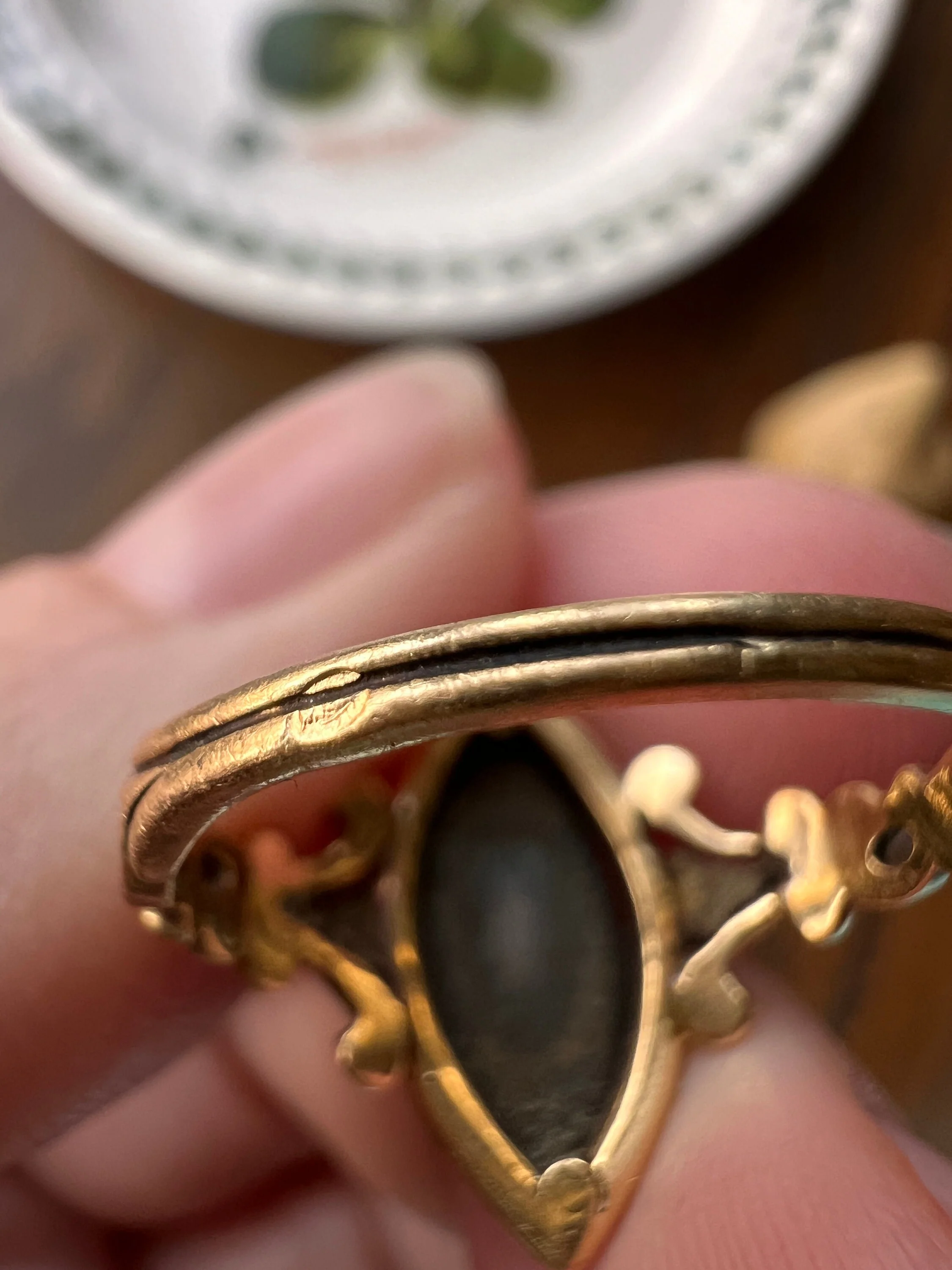 PEAR Rose Cut DIAMOND Teardrop Three Stone Black Enamel French Antique Ring 18k Gold - Image 9