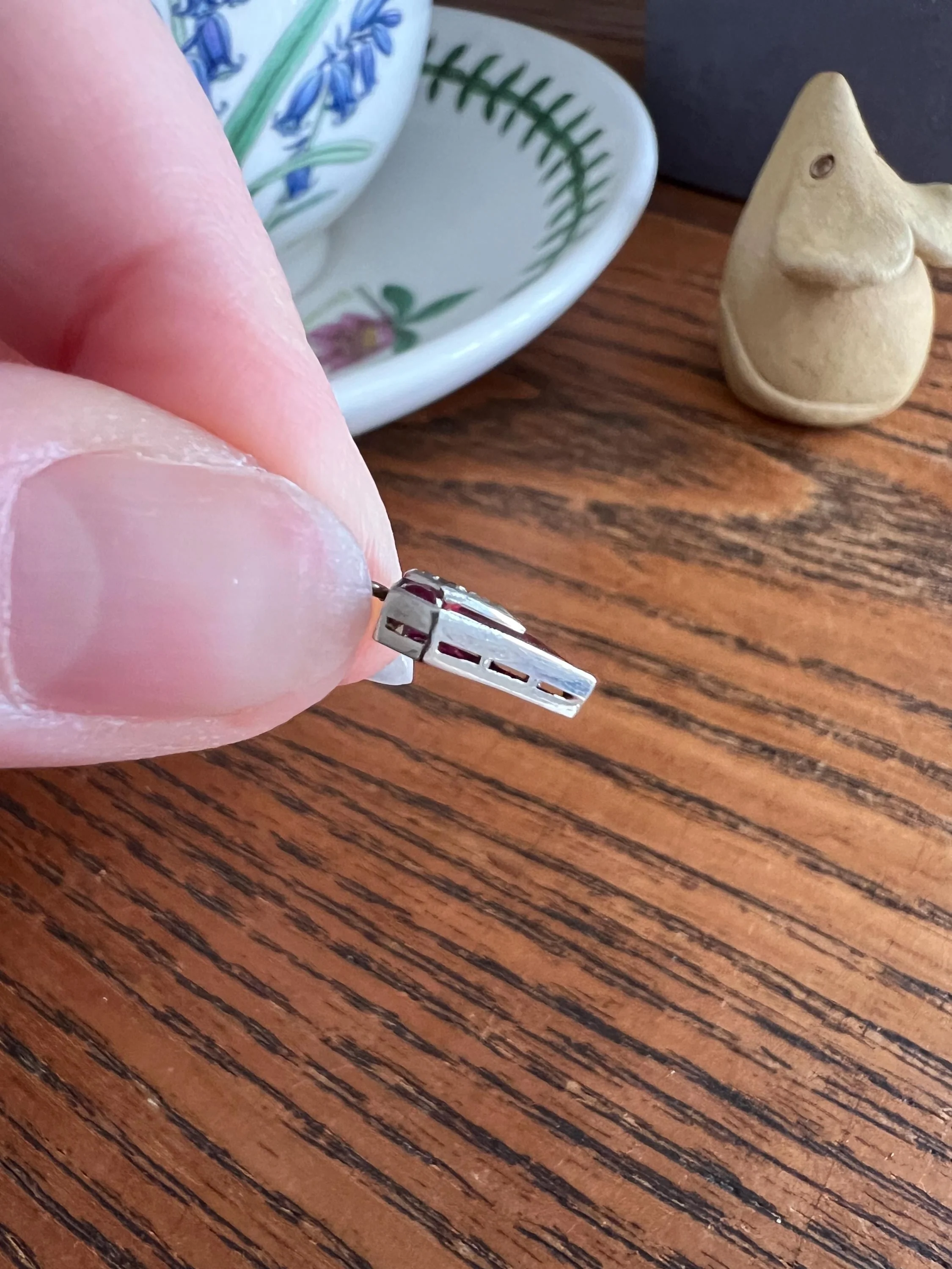PENTAGON Antique RARE 5 Sided Shield Kite Lozenge Old Cut DIAMOND 18k White Gold Eye Clean Pendant Art Deco Pink Ruby Halo One of Kind Gift Charm - Image 10