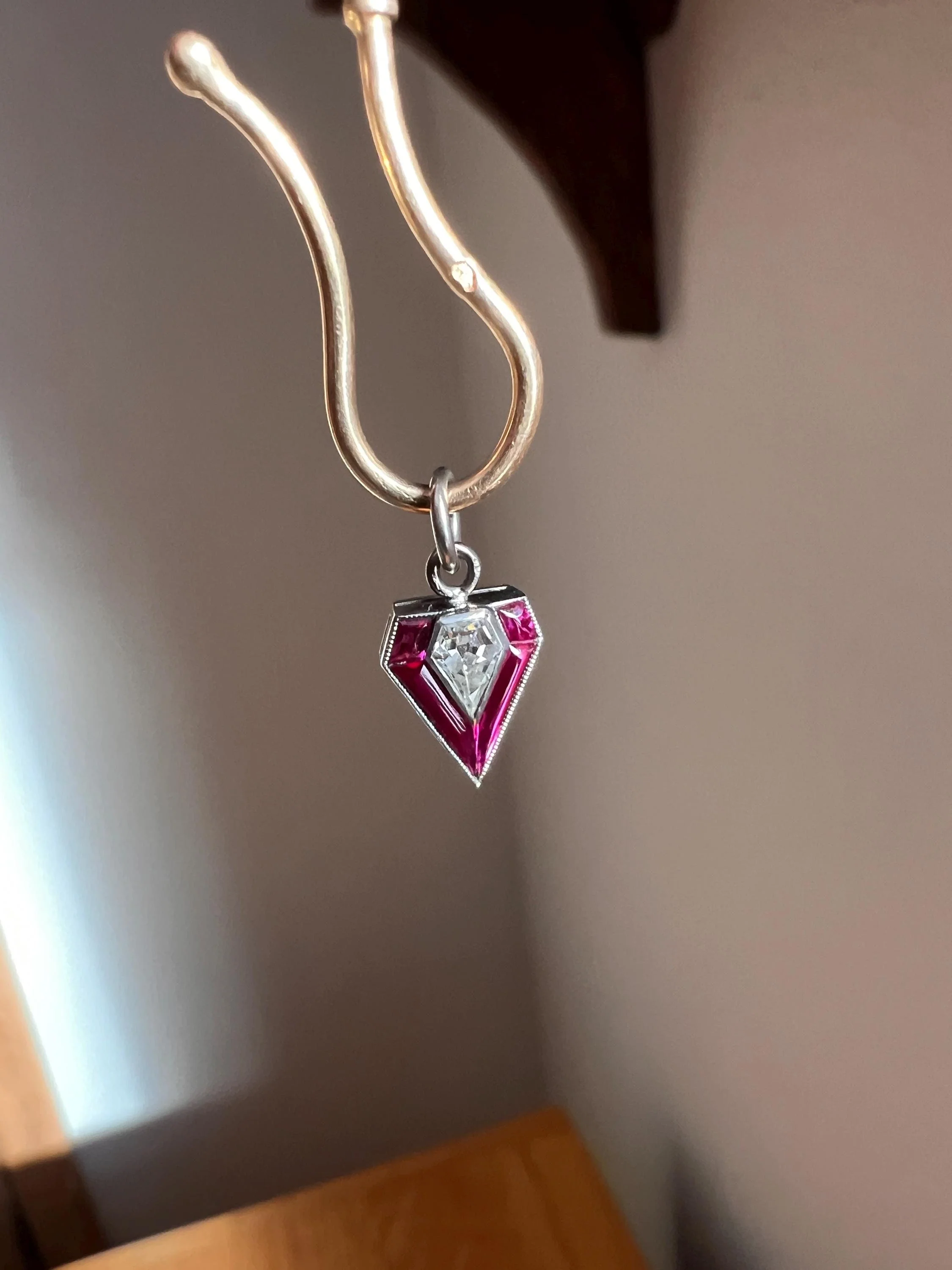 PENTAGON Antique RARE 5 Sided Shield Kite Lozenge Old Cut DIAMOND 18k White Gold Eye Clean Pendant Art Deco Pink Ruby Halo One of Kind Gift Charm - Image 11