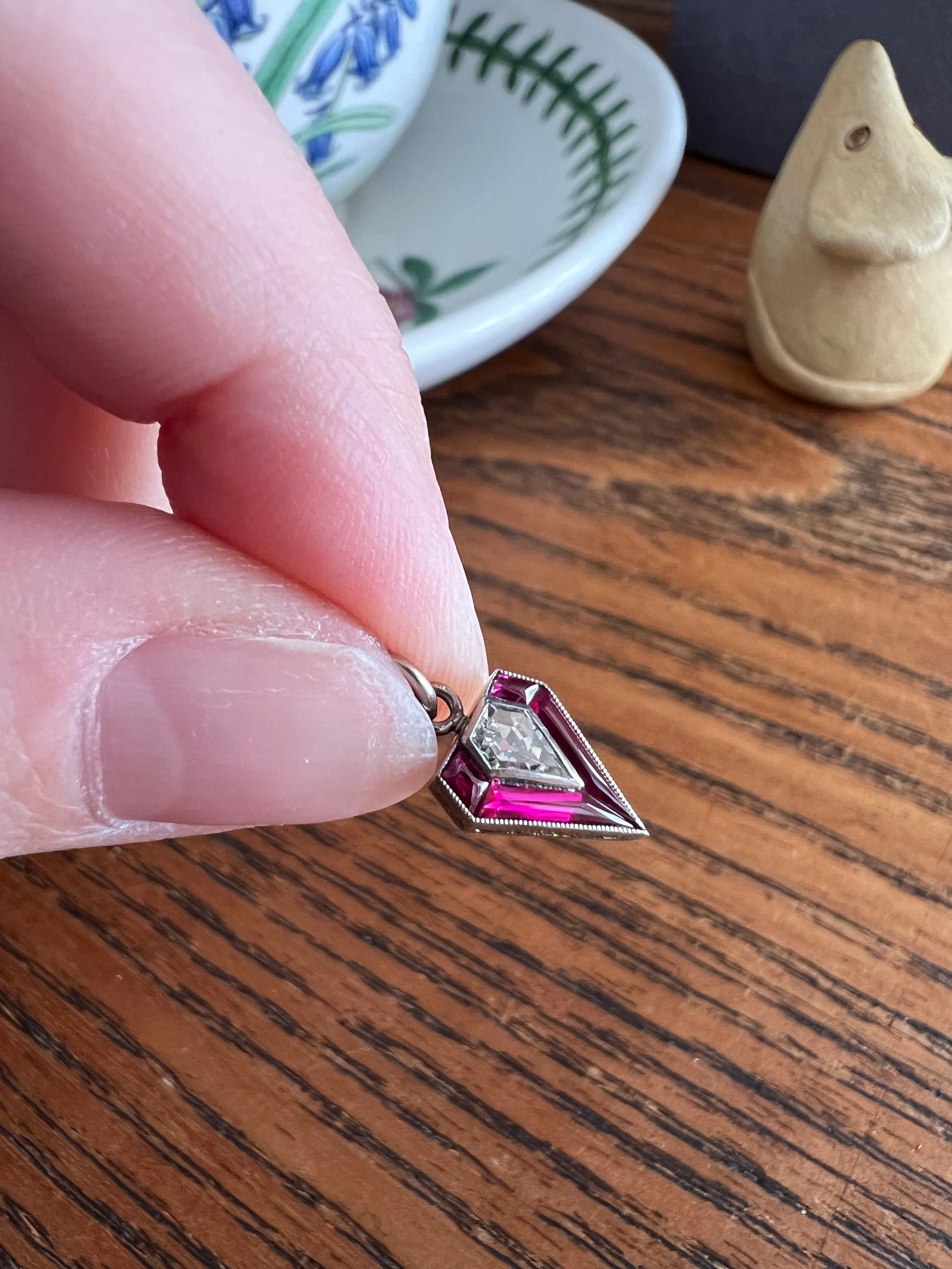 PENTAGON Antique RARE 5 Sided Shield Kite Lozenge Old Cut DIAMOND 18k White Gold Eye Clean Pendant Art Deco Pink Ruby Halo One of Kind Gift Charm - Image 12