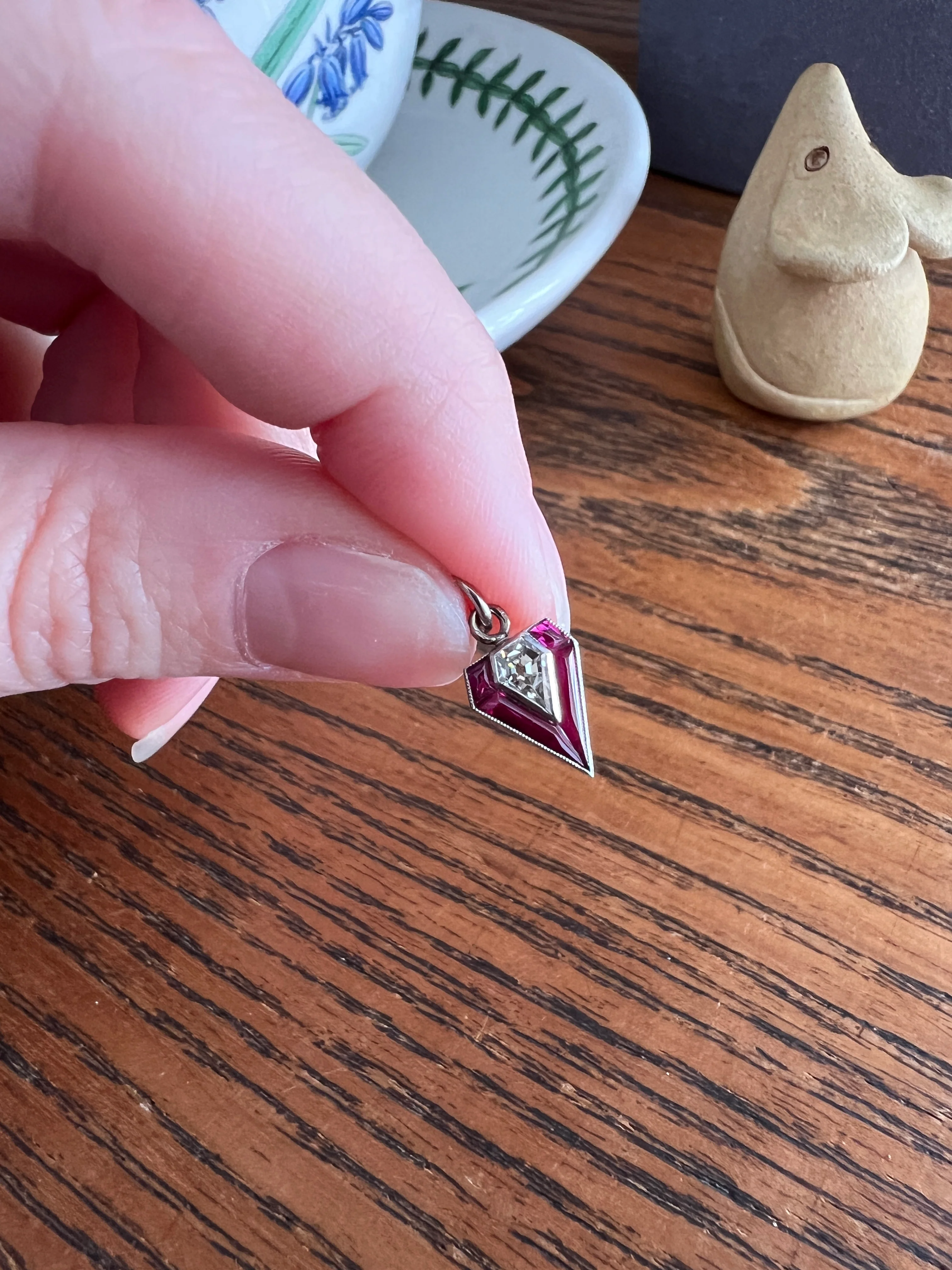 PENTAGON Antique RARE 5 Sided Shield Kite Lozenge Old Cut DIAMOND 18k White Gold Eye Clean Pendant Art Deco Pink Ruby Halo One of Kind Gift Charm - Image 13