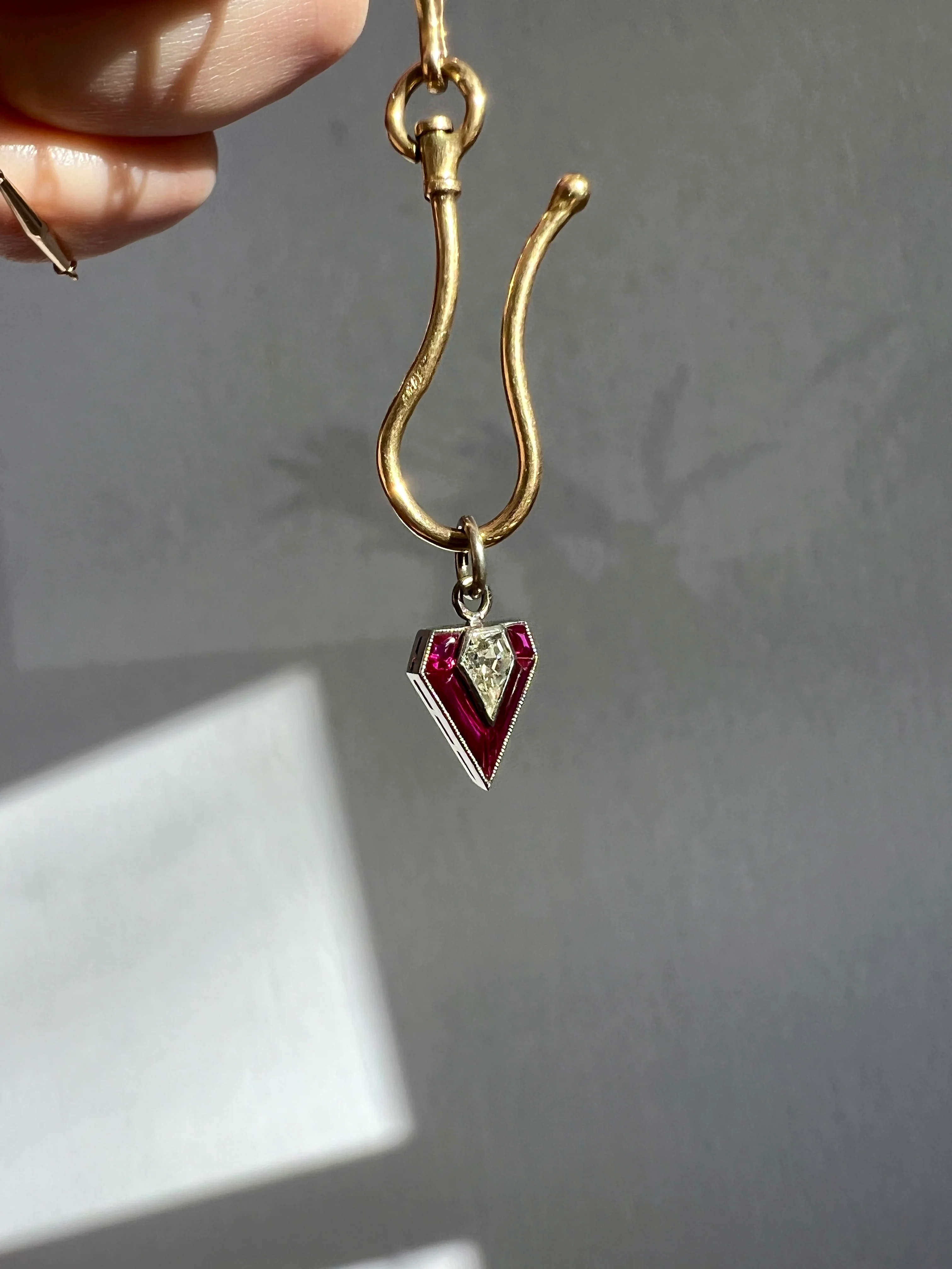 PENTAGON Antique RARE 5 Sided Shield Kite Lozenge Old Cut DIAMOND 18k White Gold Eye Clean Pendant Art Deco Pink Ruby Halo One of Kind Gift Charm - Image 15