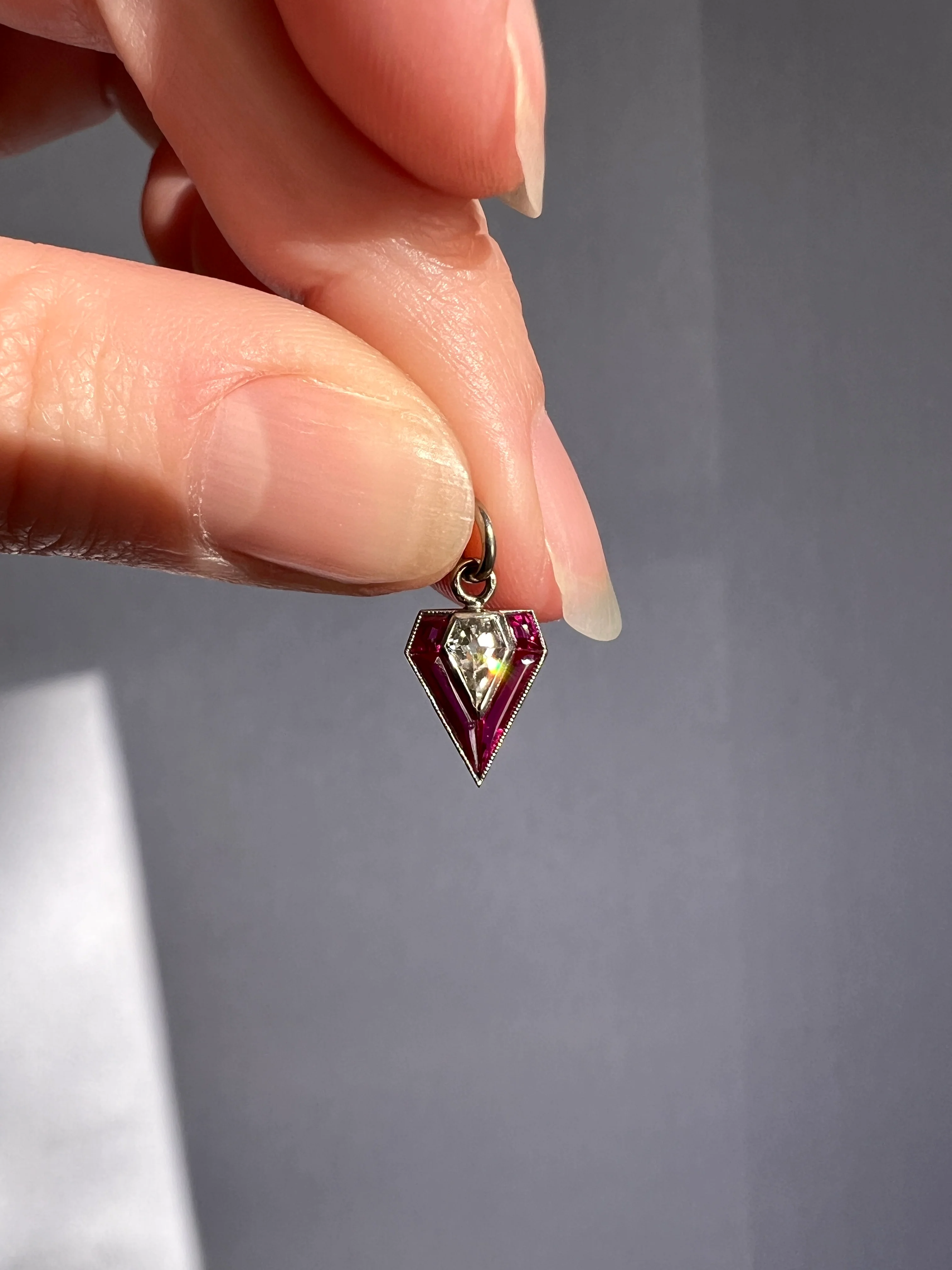 PENTAGON Antique RARE 5 Sided Shield Kite Lozenge Old Cut DIAMOND 18k White Gold Eye Clean Pendant Art Deco Pink Ruby Halo One of Kind Gift Charm - Image 16