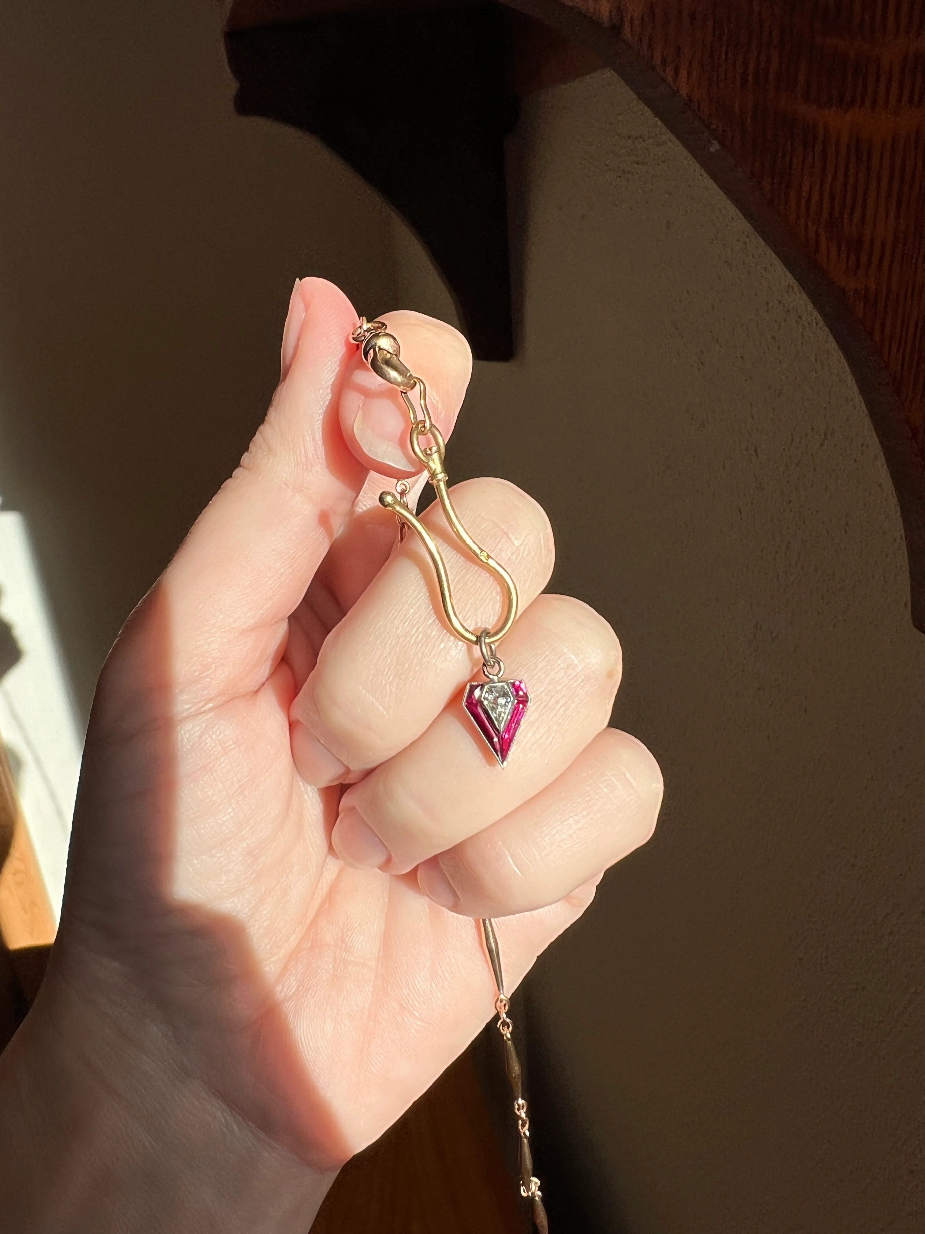 PENTAGON Antique RARE 5 Sided Shield Kite Lozenge Old Cut DIAMOND 18k White Gold Eye Clean Pendant Art Deco Pink Ruby Halo One of Kind Gift Charm - Image 17