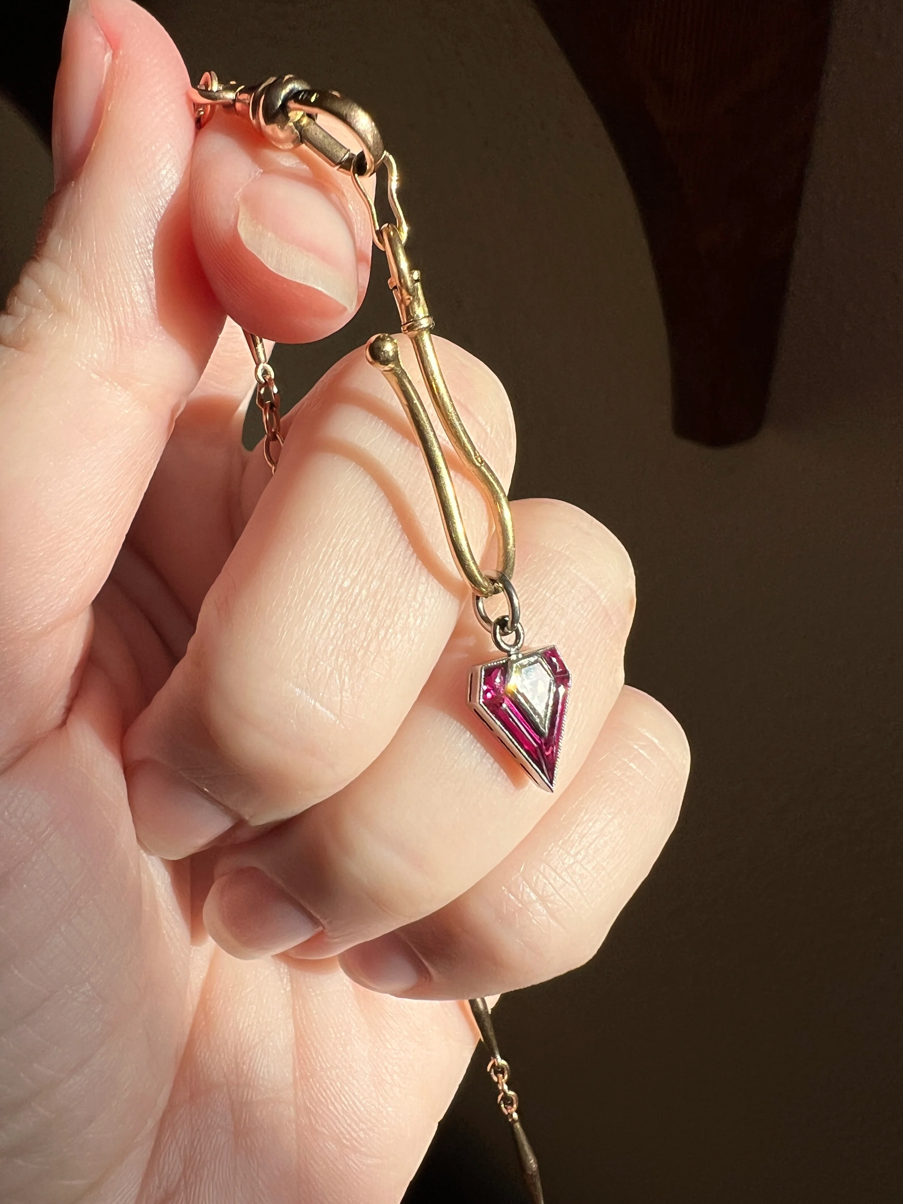PENTAGON Antique RARE 5 Sided Shield Kite Lozenge Old Cut DIAMOND 18k White Gold Eye Clean Pendant Art Deco Pink Ruby Halo One of Kind Gift Charm - Image 18