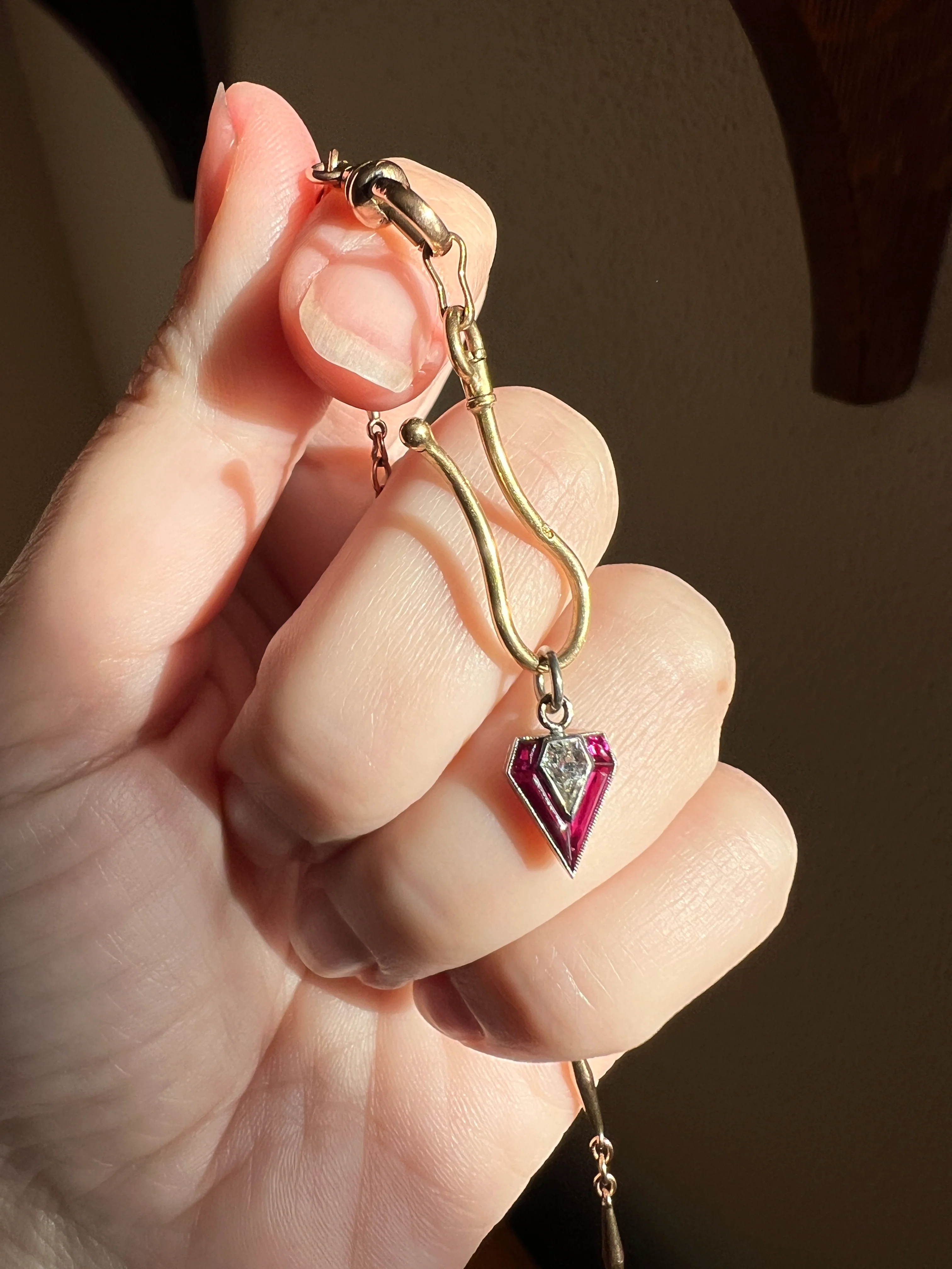 PENTAGON Antique RARE 5 Sided Shield Kite Lozenge Old Cut DIAMOND 18k White Gold Eye Clean Pendant Art Deco Pink Ruby Halo One of Kind Gift Charm - Image 19