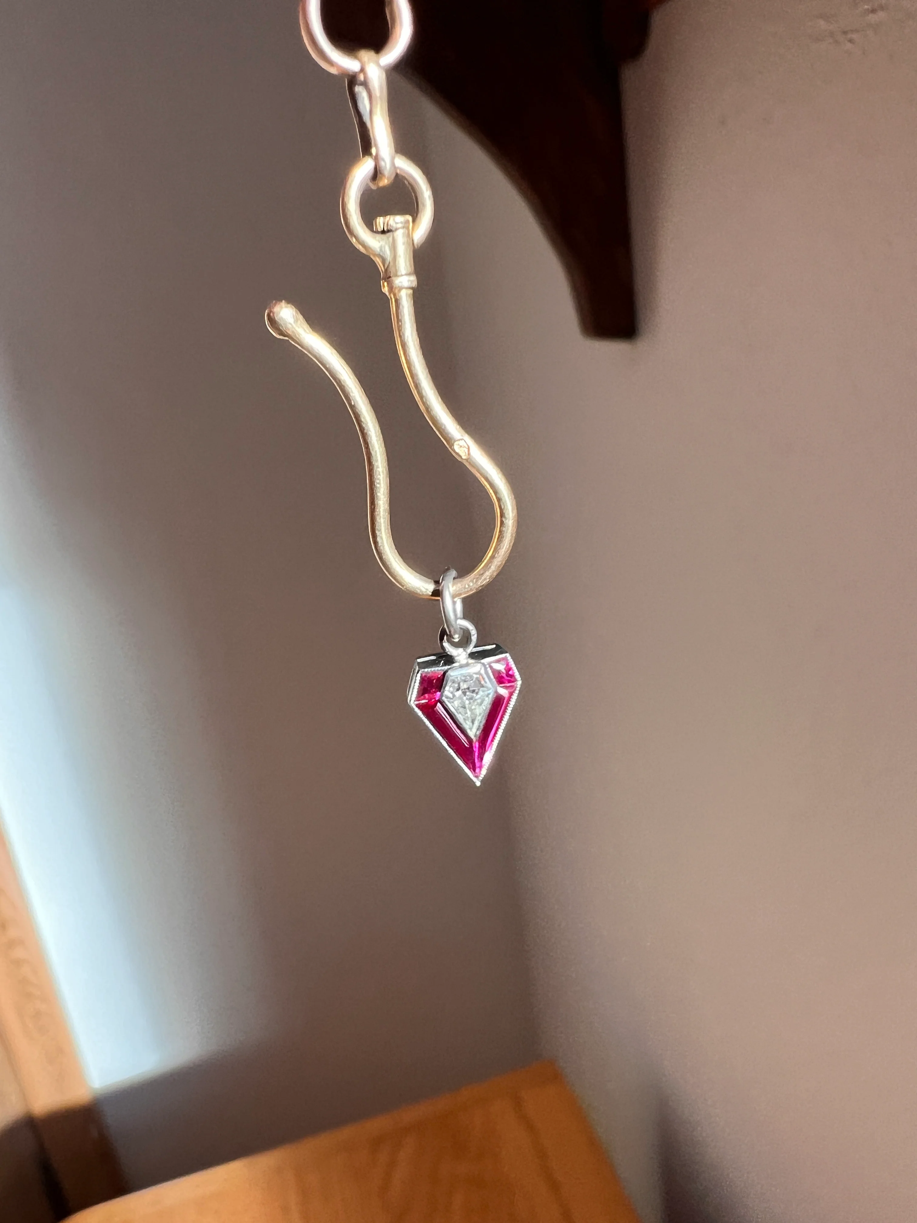 PENTAGON Antique RARE 5 Sided Shield Kite Lozenge Old Cut DIAMOND 18k White Gold Eye Clean Pendant Art Deco Pink Ruby Halo One of Kind Gift Charm - Image 20