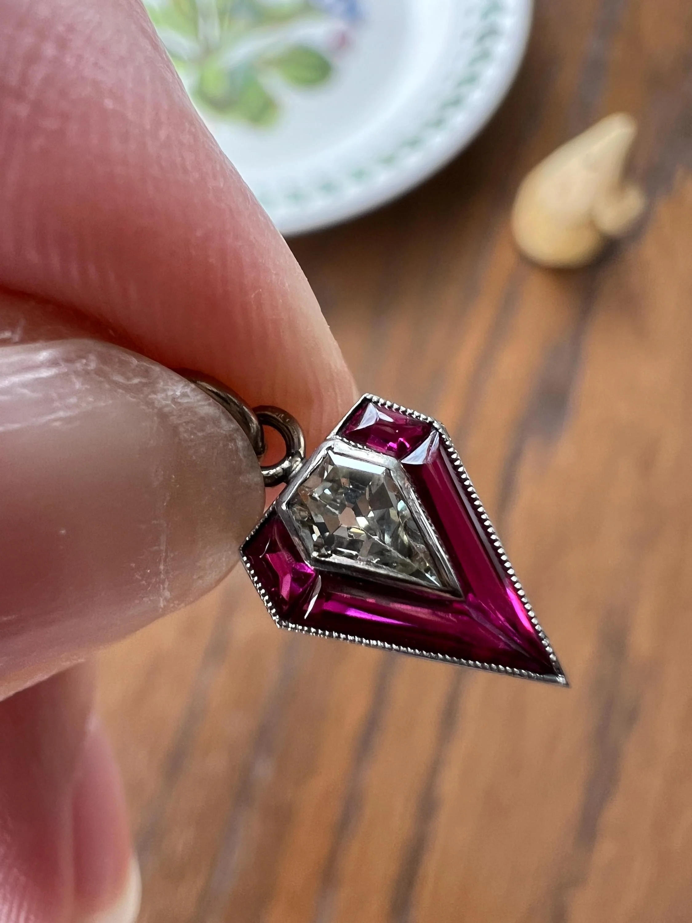 PENTAGON Antique RARE 5 Sided Shield Kite Lozenge Old Cut DIAMOND 18k White Gold Eye Clean Pendant Art Deco Pink Ruby Halo One of Kind Gift Charm - Image 3