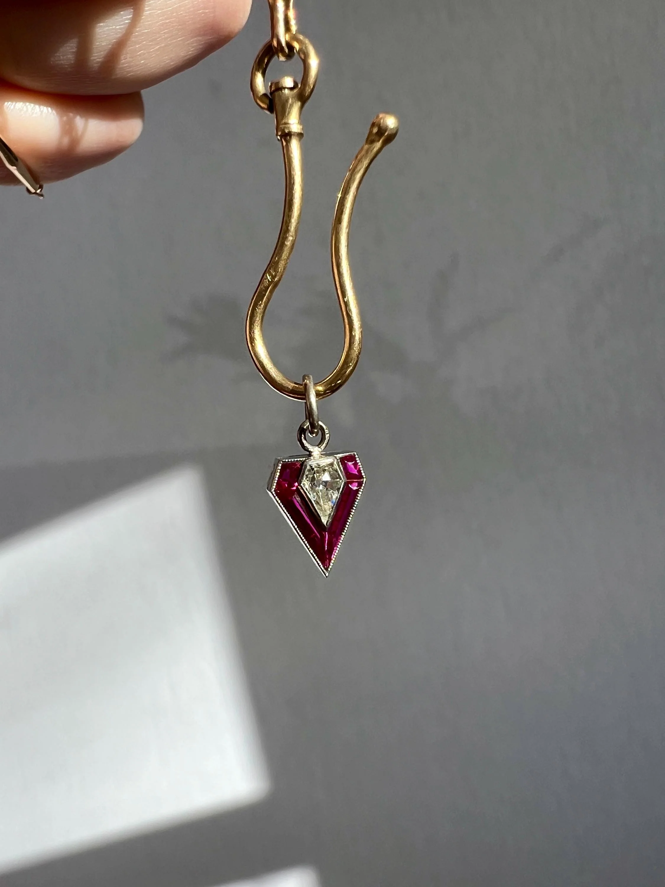 PENTAGON Antique RARE 5 Sided Shield Kite Lozenge Old Cut DIAMOND 18k White Gold Eye Clean Pendant Art Deco Pink Ruby Halo One of Kind Gift Charm - Image 5