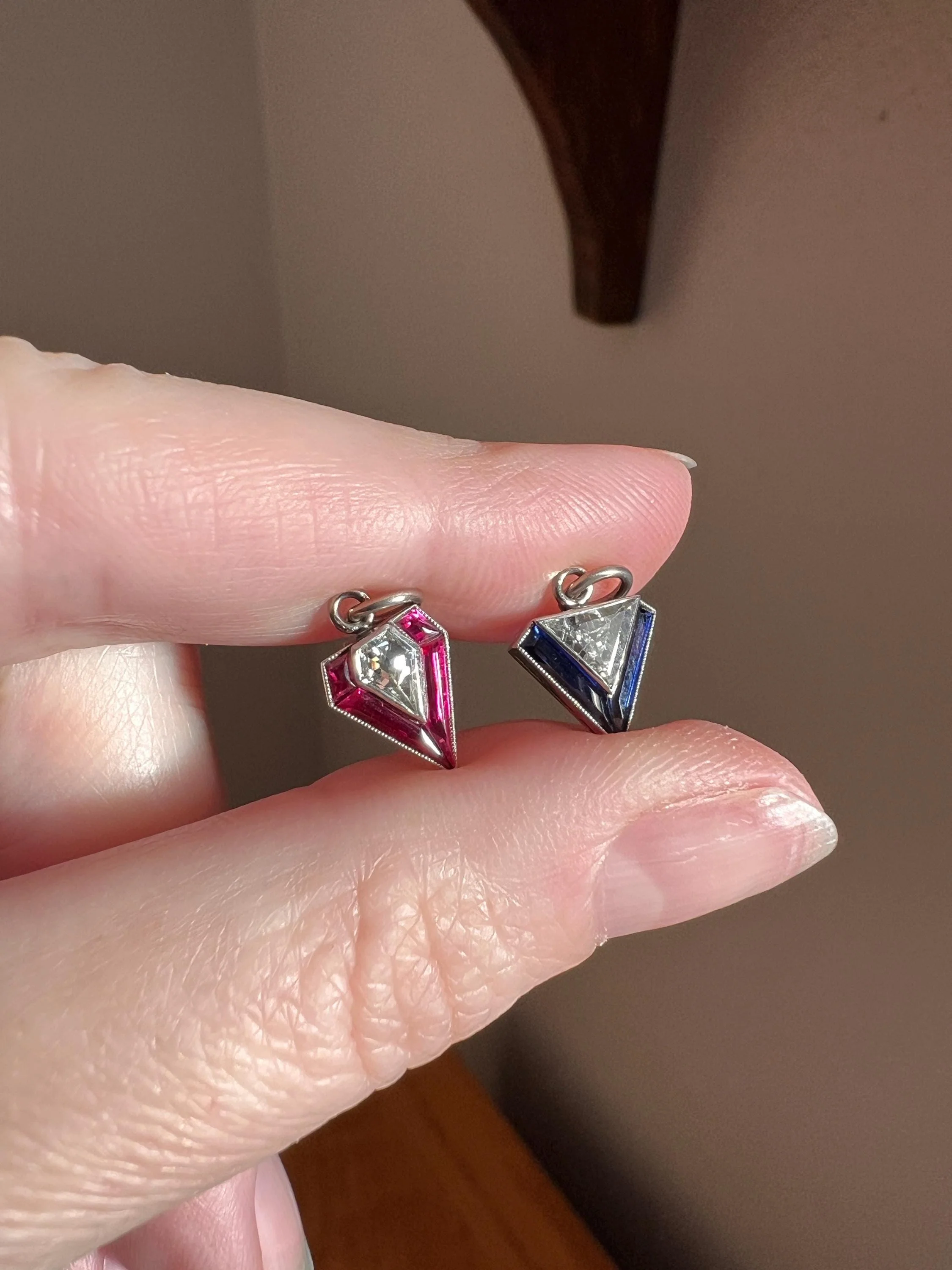 PENTAGON Antique RARE 5 Sided Shield Kite Lozenge Old Cut DIAMOND 18k White Gold Eye Clean Pendant Art Deco Pink Ruby Halo One of Kind Gift Charm - Image 7