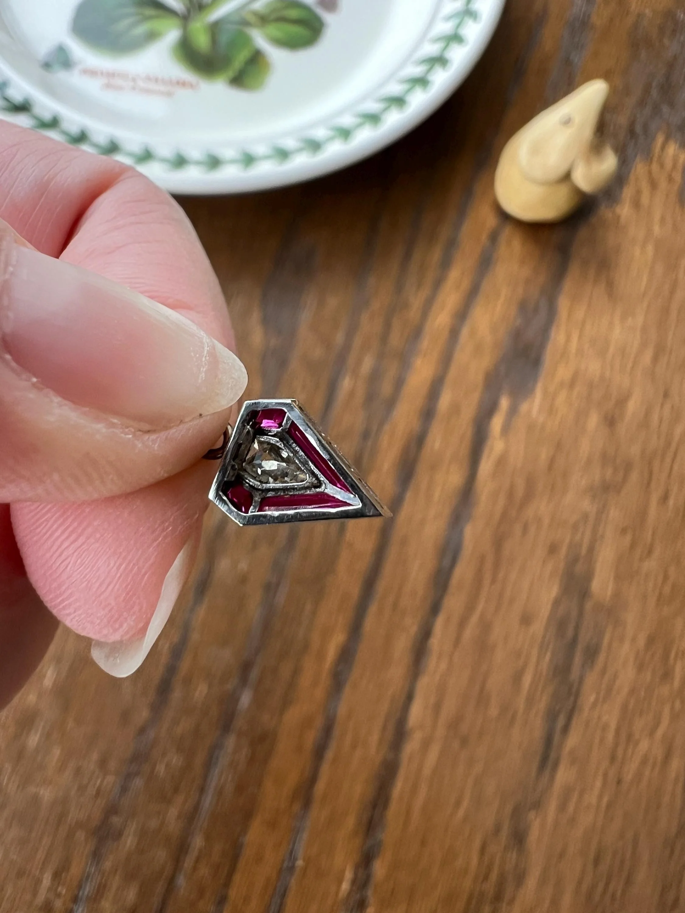 PENTAGON Antique RARE 5 Sided Shield Kite Lozenge Old Cut DIAMOND 18k White Gold Eye Clean Pendant Art Deco Pink Ruby Halo One of Kind Gift Charm - Image 9